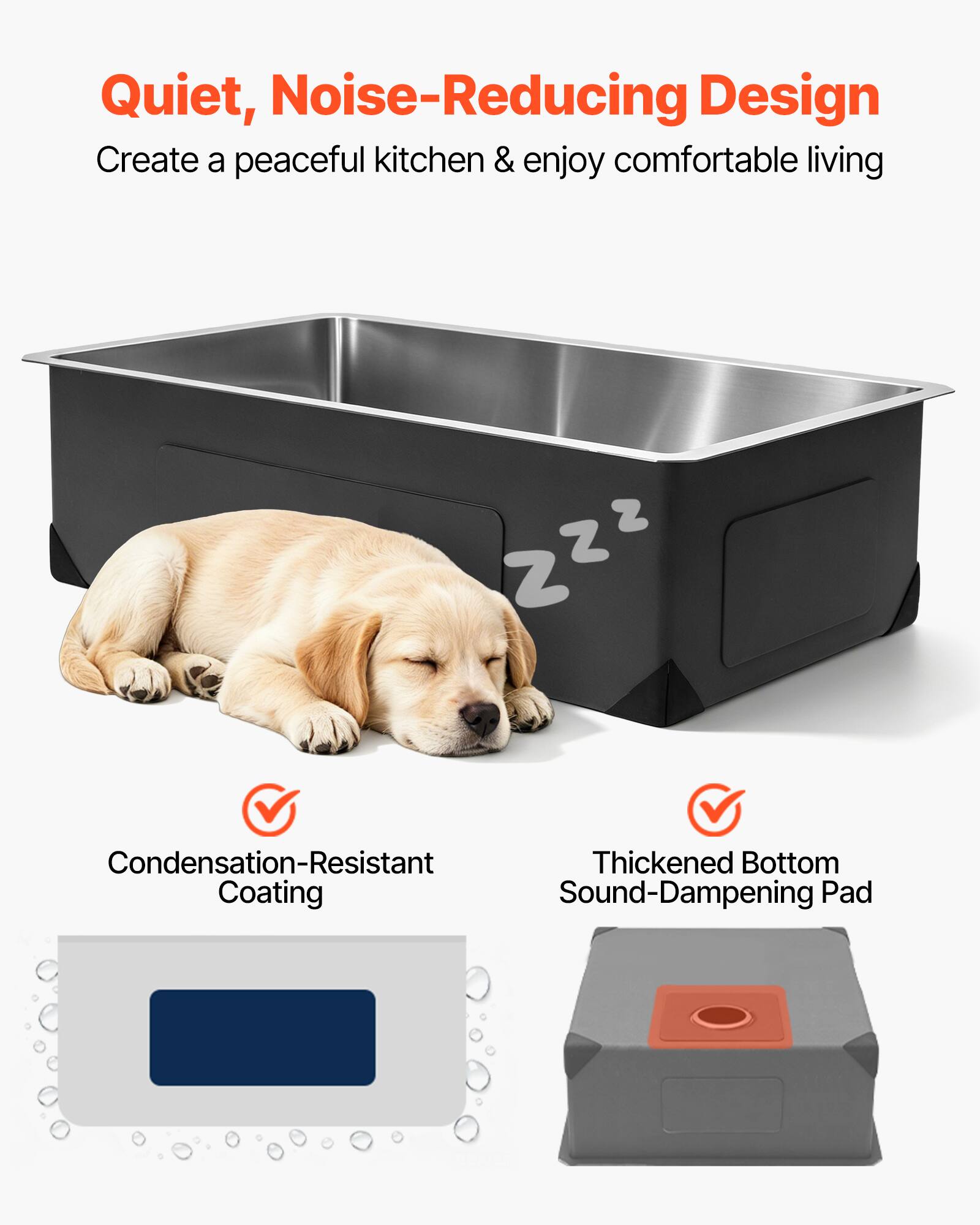 Quiet, Noise-Reducing Design  
Create a peaceful kitchen & enjoy comfortable living  

Condensation-Resistant Thickened Bottom Coating  
Sound-Dampening Pad
