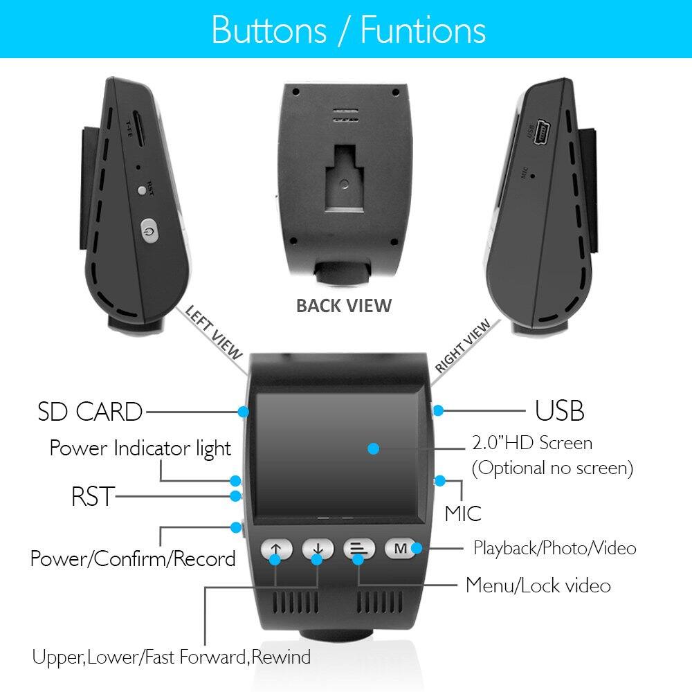Buttons / Functions

- LEFT VIEW
- BACK VIEW
- RIGHT VIEW
- SD CARD
- Power Indicator light
- RST
- USB
- 2.0" HD Screen (Optional no screen)
- MIC
- Power/Confirm/Record
- Playback/Photo/Video
- Menu/Lock video
- Upper, Lower/Fast Forward, Rewind