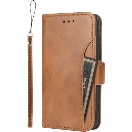 Front. SaharaCase - Genuine Leather Folio Wallet Case for Apple iPhone 15 Pro Max - Brown.