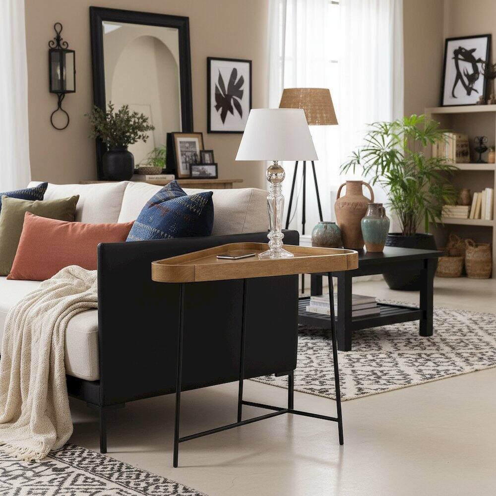 Left. FurniFact - Triangle End Table, Driftwood - Driftwood / Black.