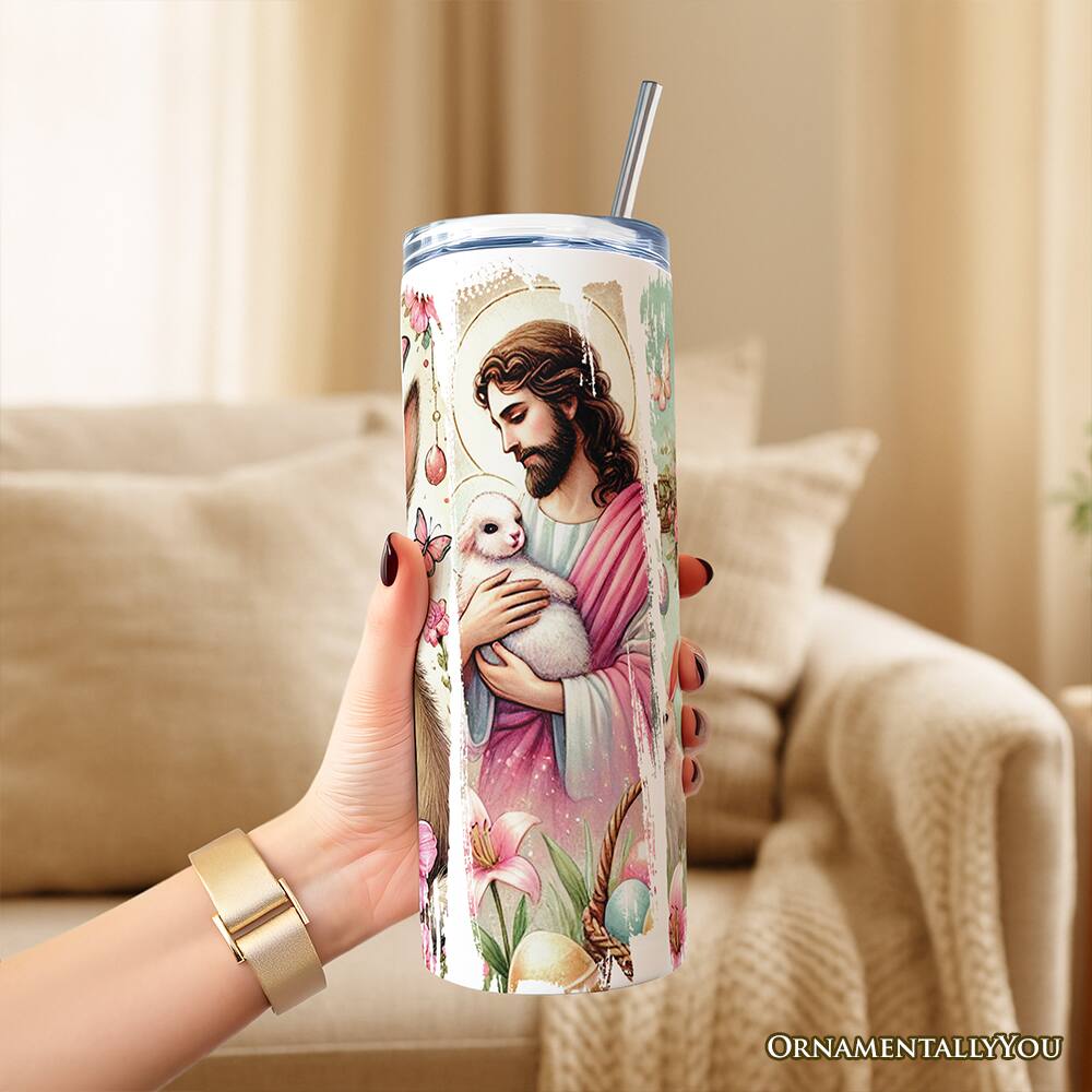 Left. OrnamentallyYou - Pink Jesus and Bunny 20oz Tumbler With Stainless Steel Straw, Easter Brushstrokes Spring Gift Cup - Multicolored.