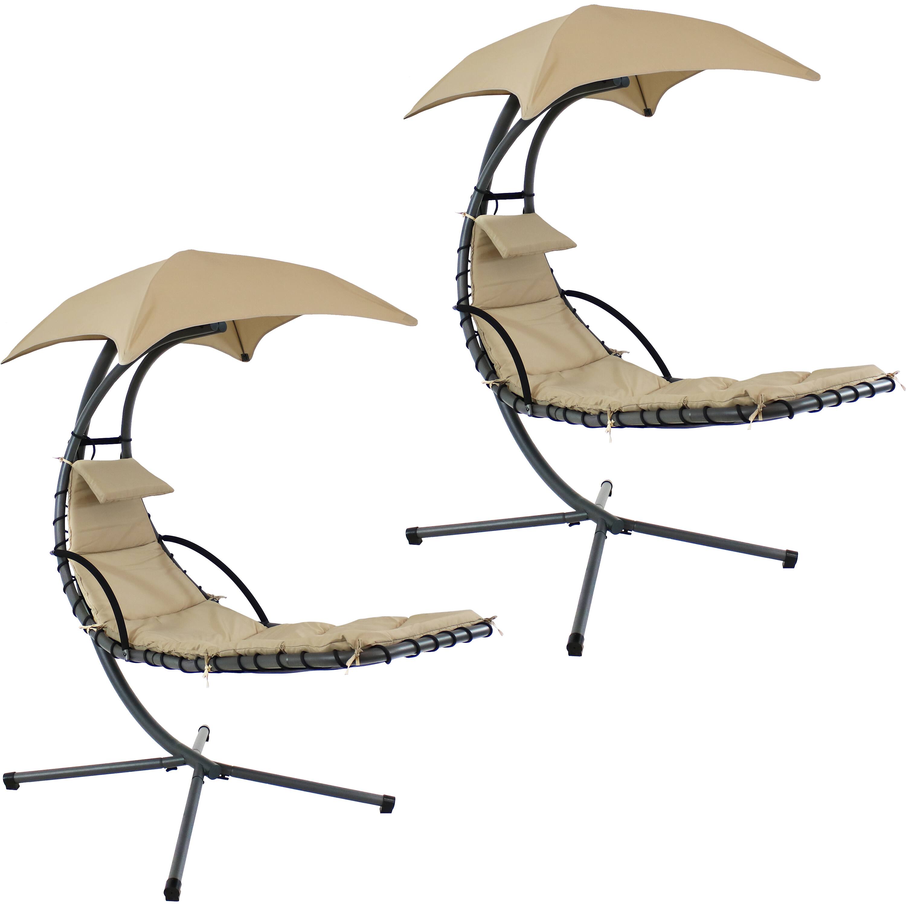 Front. Sunnydaze - Floating Lounge with Umbrella and Stand - Set of 2 - Beige.