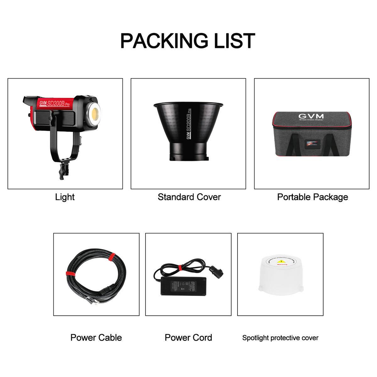 PACKING LIST

CVM SD2008 PN MSD2008

GVM:
- Light
- Standard Cover
- Portable Package
- Power Cable
- Power Cord
- Spotlight protective cover