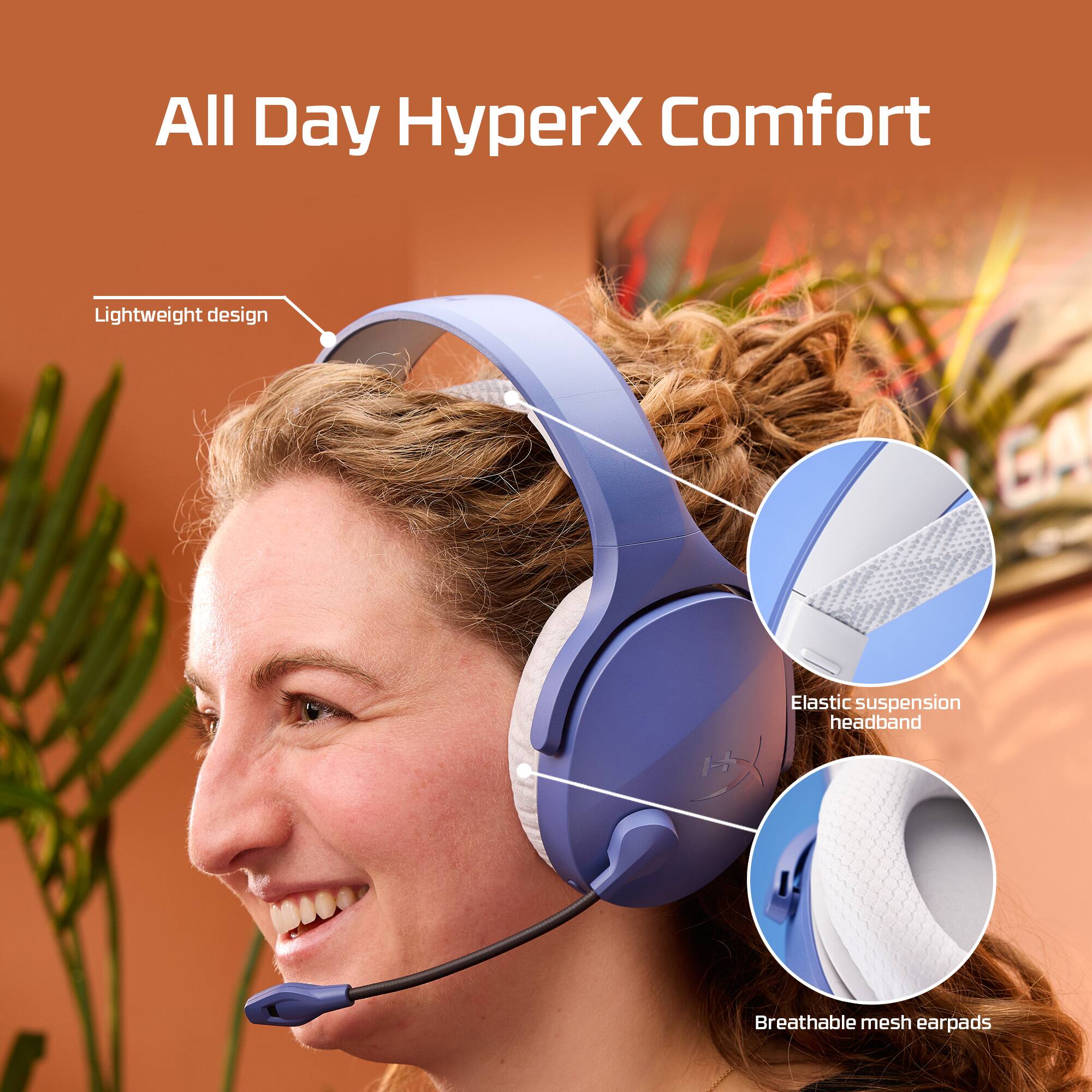 All Day HyperX Comfort: Lightweight design, Elastic suspension headband, Breathable mesh earpads.