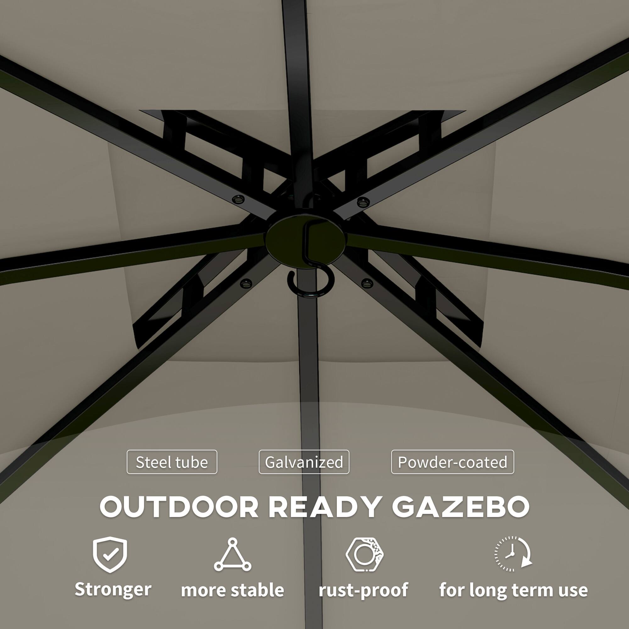 Steel tube, Galvanized, Powder-coated, OUTDOOR READY GAZEBO, Stronger, more stable, rust-proof, for long term use