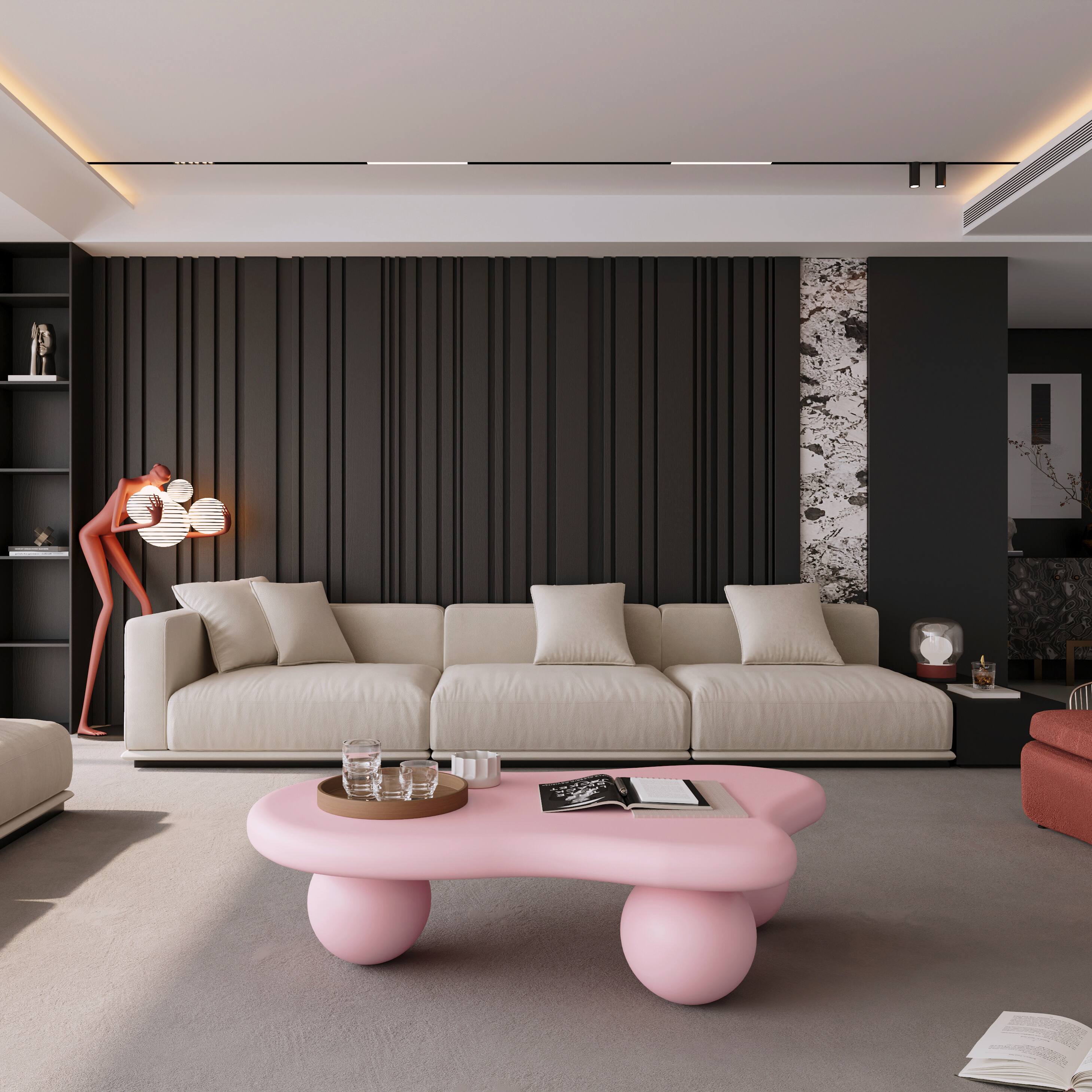 Back. Loheer - Loheer 47 Inch Cloud Shaped Coffee Table Pink Low Profile Center Table with Ball Legs for Living Room - Pink.