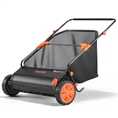 Front. VEVOR - Push Lawn Sweeper, 30 in Leaf & Grass Collector with 12 cu. ft. Hopper Bag, Adjustable Brush Height & Spinning Brushes - Black.