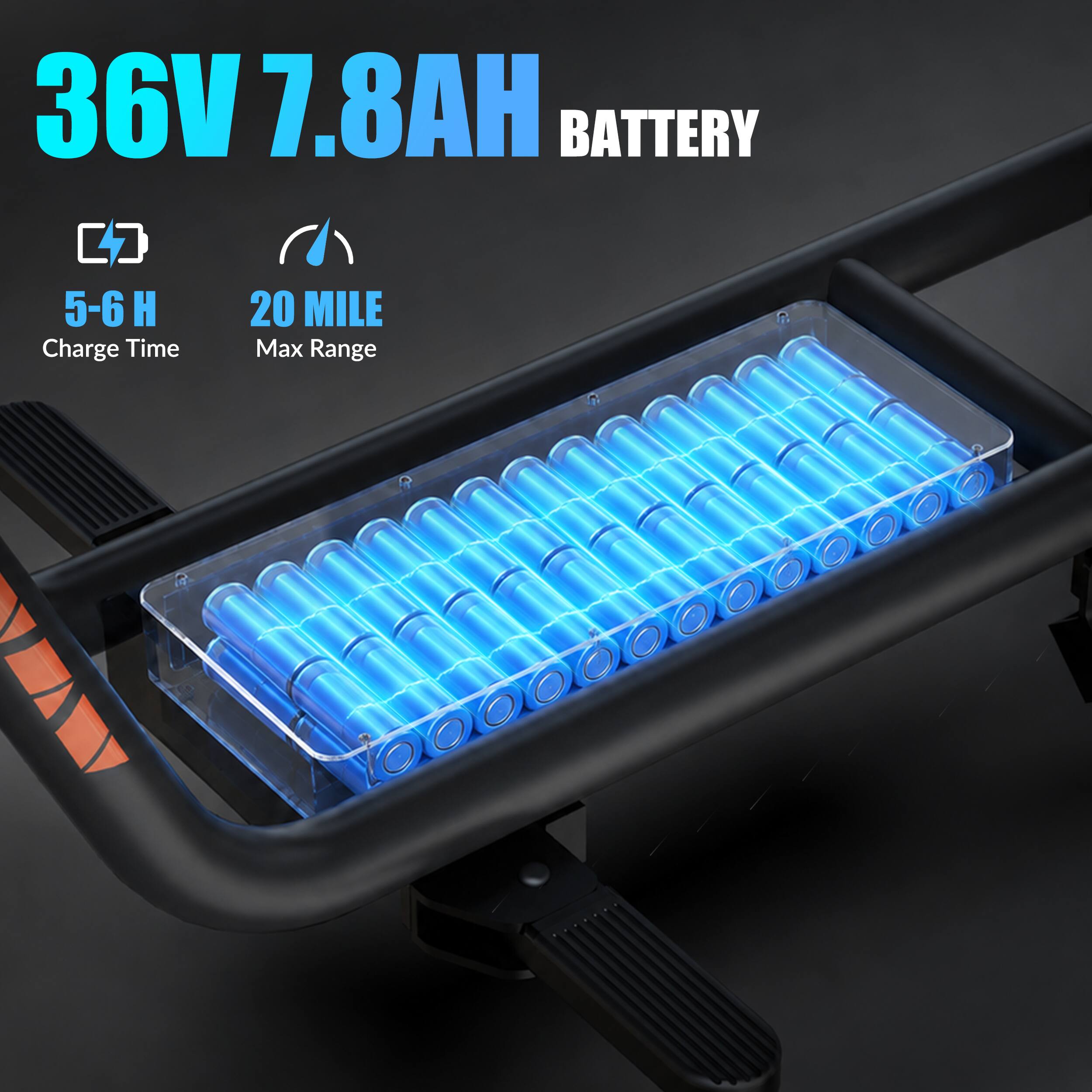 36V 7.8AH BATTERY  
5-6 H Charge Time  
20 MILE Max Range