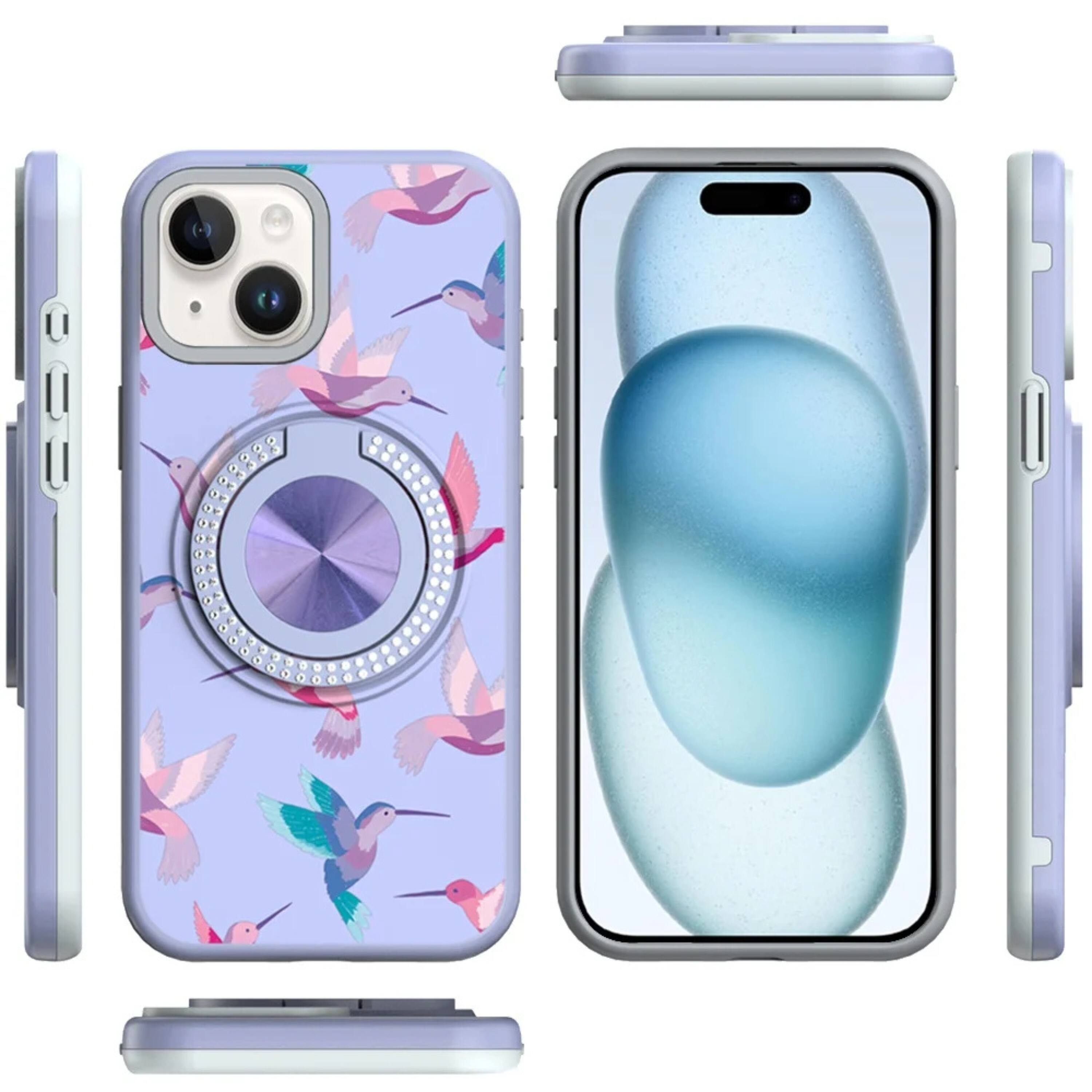 Angle. Kitcheniva - Printed Bling 360 Rotating Ring Stand Phone Case With 2 Tempered Glass For iPhone 15 Hummbingbird - Humming Bird.
