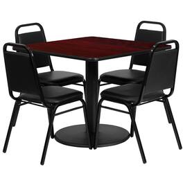 Emma + Oliver - 36" Square Laminate Table Set with 4 Trapezoidal Banquet Chairs - Mahogany Top/Black Vinyl Seat