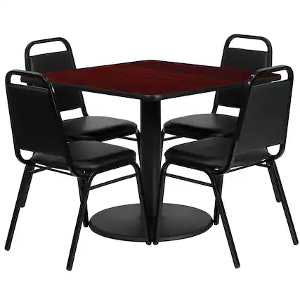 Front. Emma + Oliver - 36" Square Laminate Table Set with 4 Trapezoidal Banquet Chairs - Mahogany Top/Black Vinyl Seat.