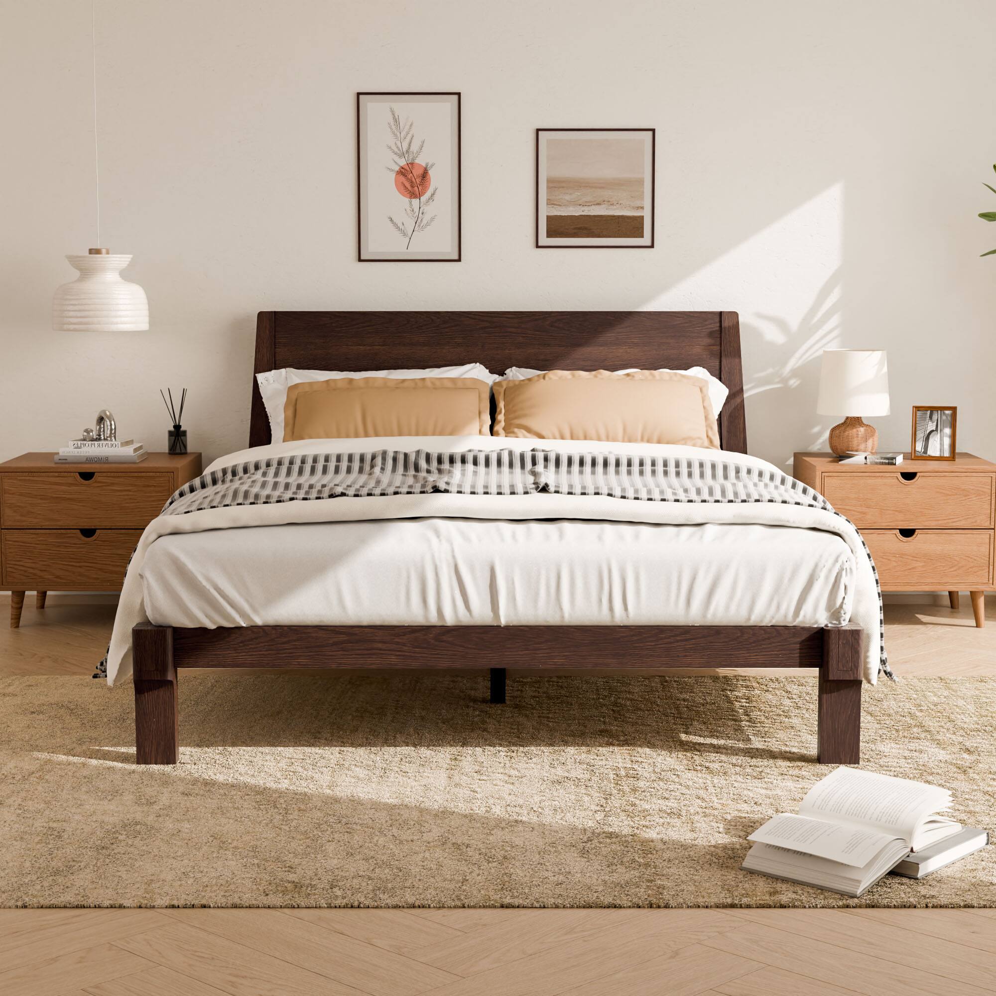 Left. FlexiSpot - Kana Japanese Joinery Solid Wood Platform Bed Frame with Headboard - Dark Walnut.
