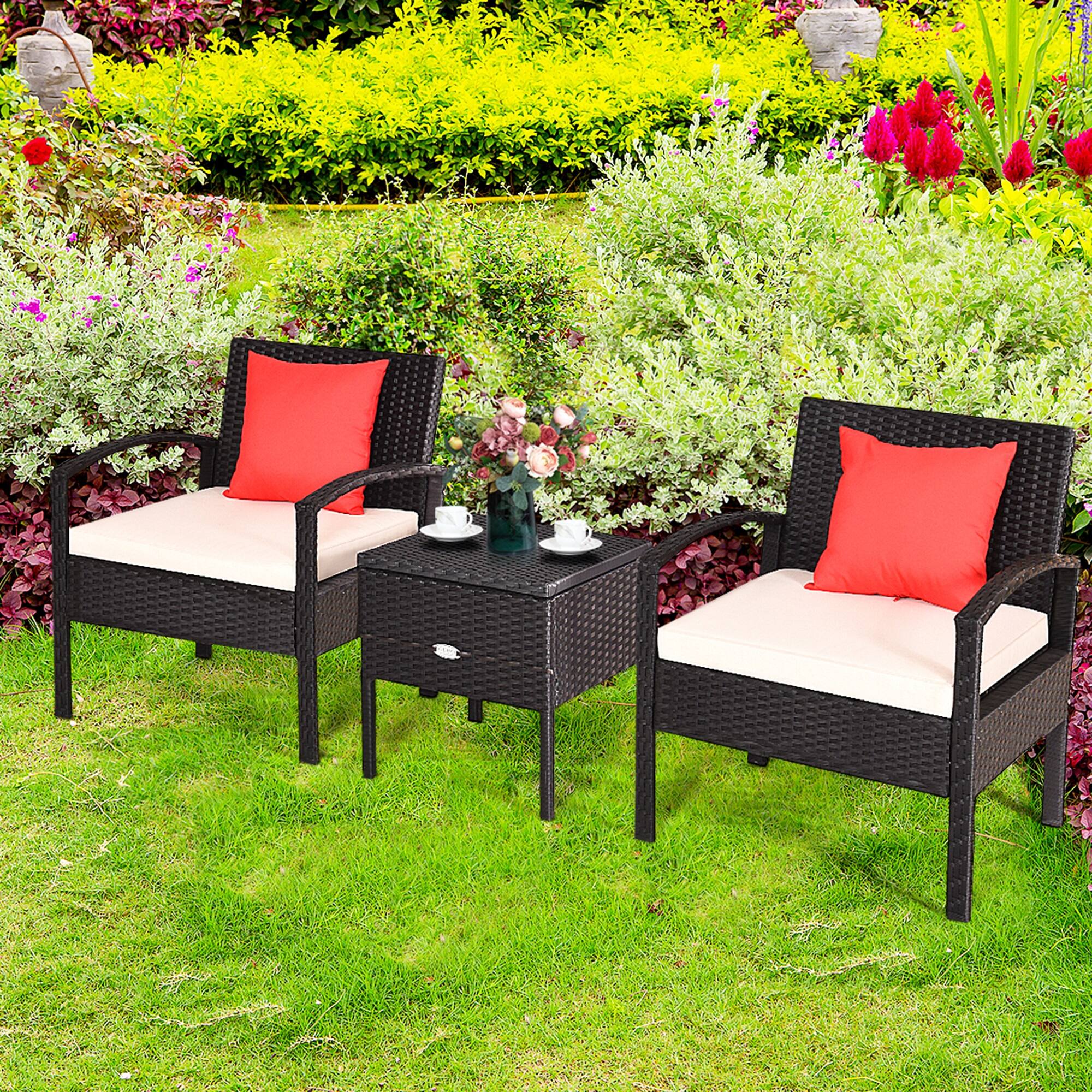 Alt View 3. Gymax - Gymax 3PCS Rattan Patio Conversation Set Outdoor Furniture Set w/ Storage Table - Black.