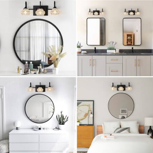 Back. LUCKY ONE - 17in Wall Mount Vanity Light, 3-Light Black Retro Sconce with Crystal Glass Shades - Black.