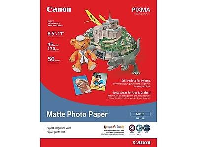 Canon PIXMA  
8.5" x 11"  
45 sheets  
170 g/m²  
50 sheets  

Matte Photo Paper  
Matte Papel Fotográfico Mate  
Papier photo mat  

Still Perfect for Photos  
Convenient for photos, perfect for arts & crafts  
Muy conveniente para fotos, perfecto para artes y manualidades  

Now Great for Arts & Crafts!!  
Muy conveniente para artes y manualidades  

Matte  
MP-118  

Canon