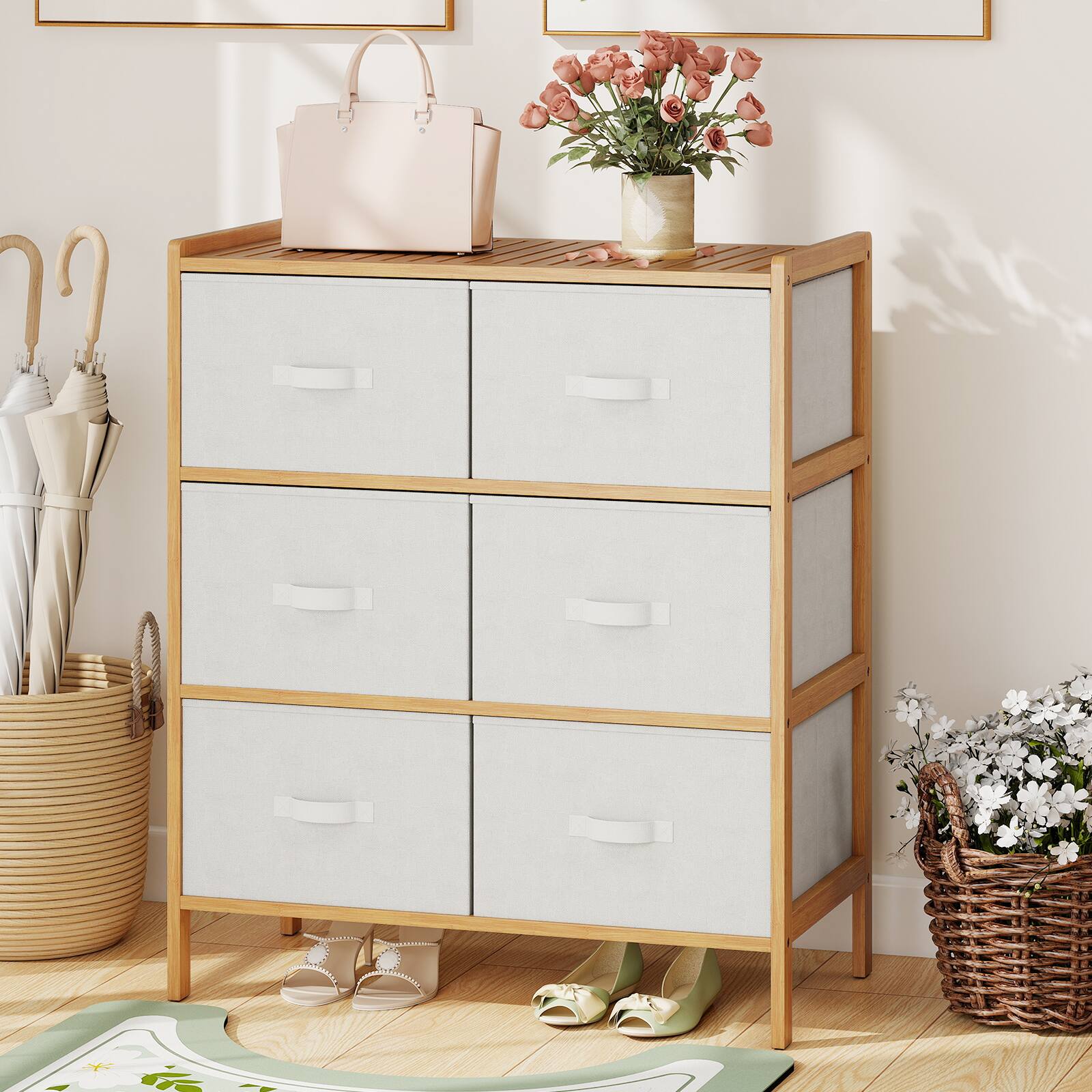 Alt View 3. Gymax - Gymax Fabric Dresser w/ 6 Drawers Bamboo Storage Tower w/ 6 Folding Fabric Bins - Natural.