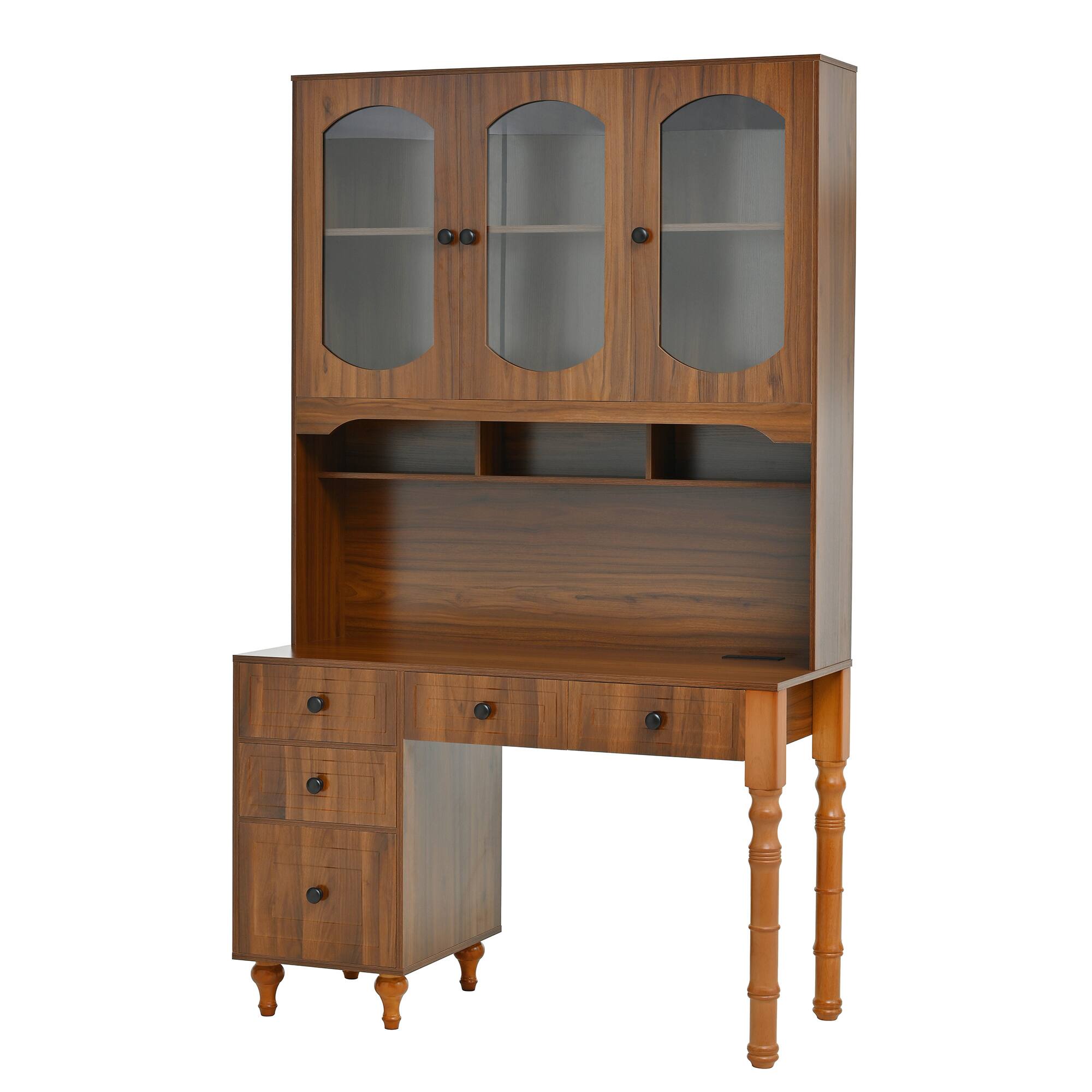 Front. Spaco - 47" Retro Desk with Charging Ports, Hutch, 5 Drawers, Glass Bookshelf - Black,White.