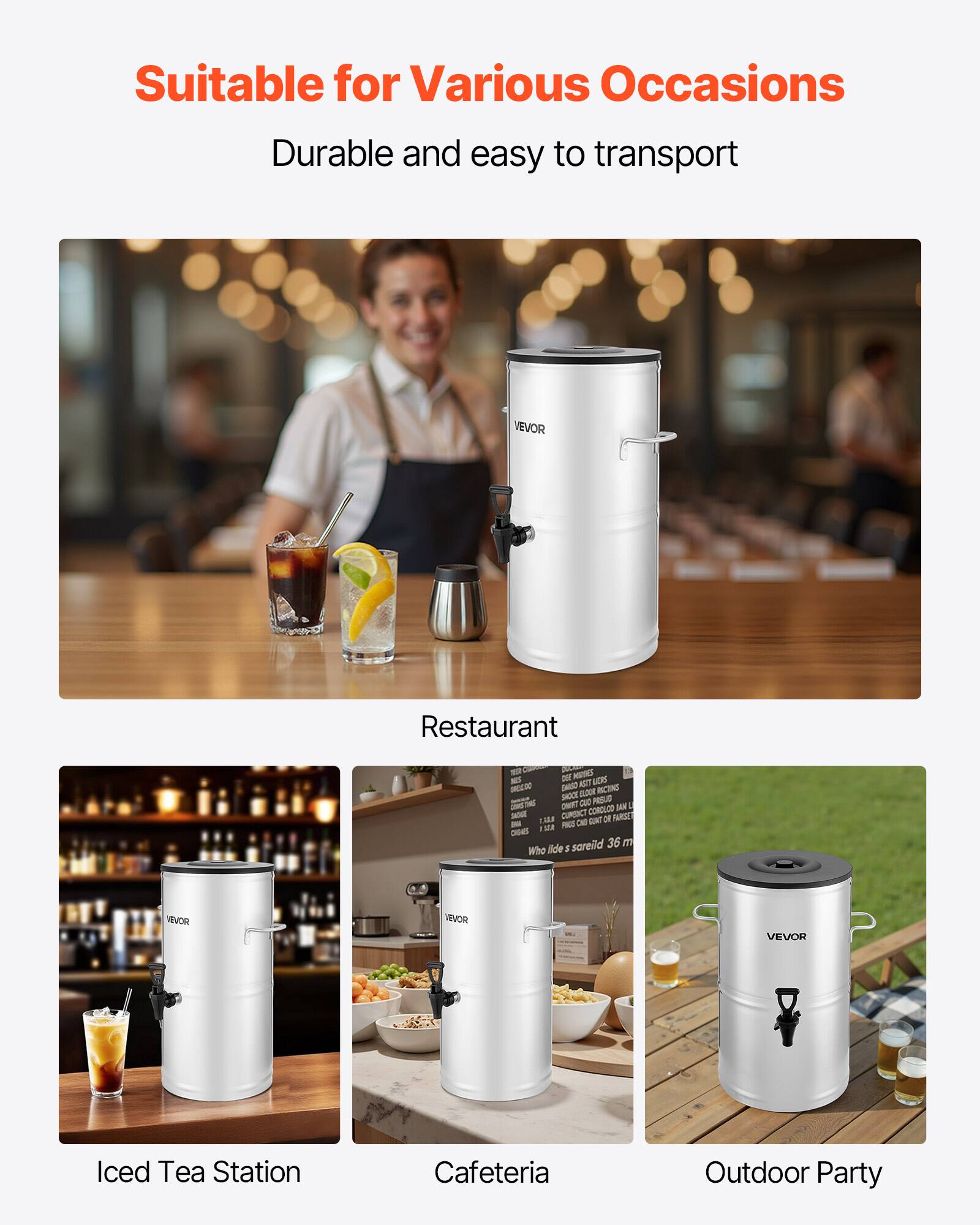 Suitable for Various Occasions  
Durable and easy to transport  

Restaurant  
Iced Tea Station  
Cafeteria  
Outdoor Party