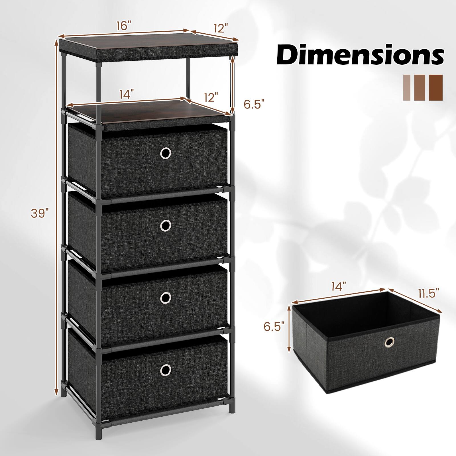 Dimensions:

- Height: 39"
- Width: 16"
- Depth: 12"
- Shelf: 14" x 12" x 6.5"
- Drawer: 14" x 11.5" x 6.5"