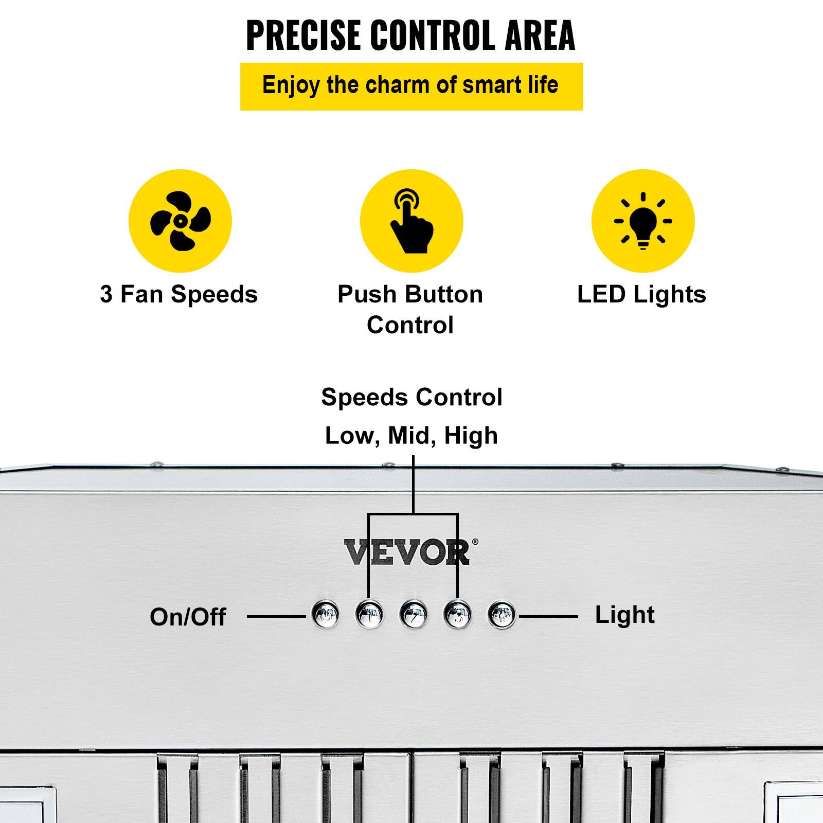 PRECISE CONTROL AREA  
Enjoy the charm of smart life

3 Fan Speeds  
Push Button Control  
LED Lights  
Speeds Control Low, Mid, High  
VEVOR  
On/Off  
Light