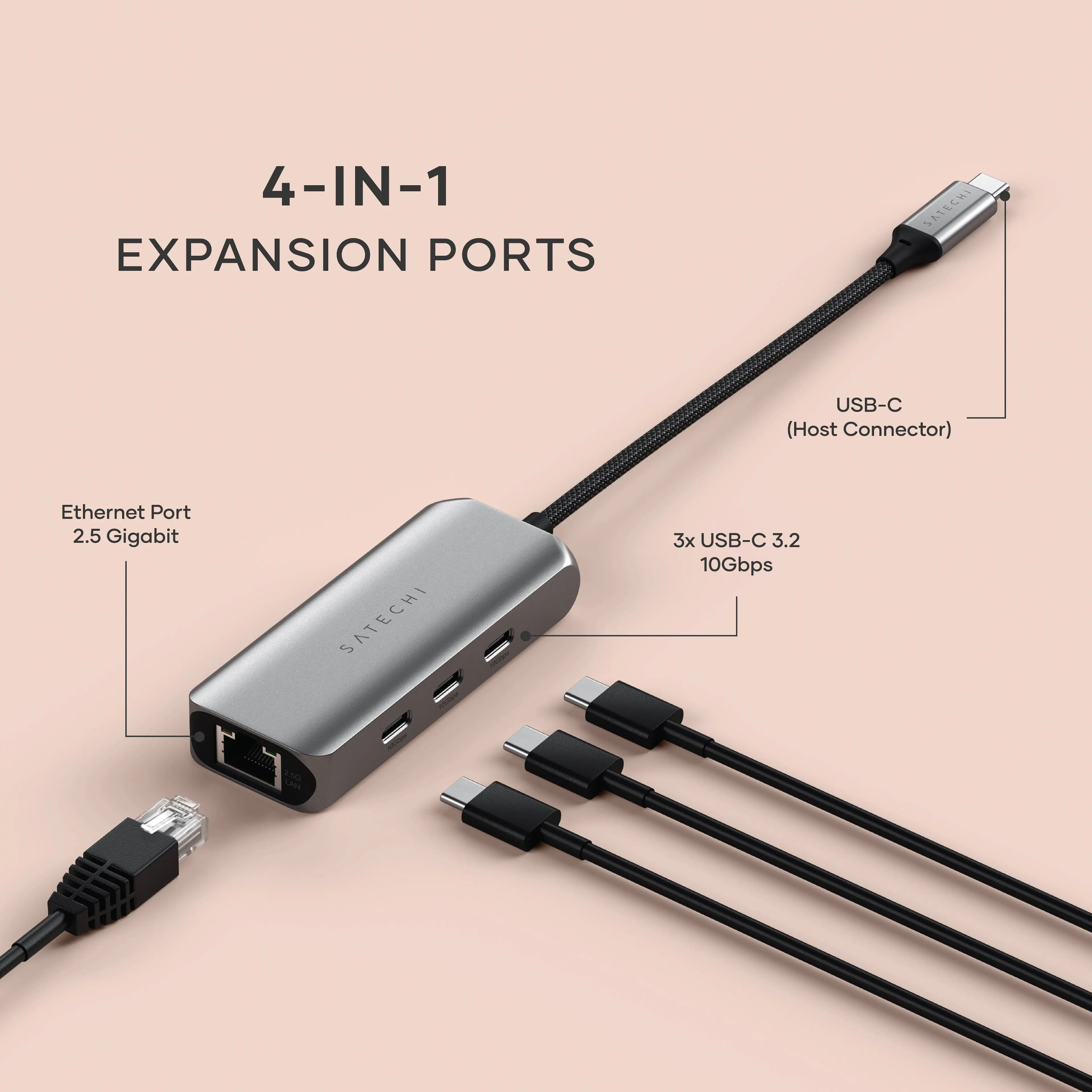 4-IN-1 EXPANSION PORTS  
SATECHI USB-C (Host Connector)  
Ethernet Port 2.5 Gigabit  
SATECHI 3x USB-C 3.2 10Gbps
