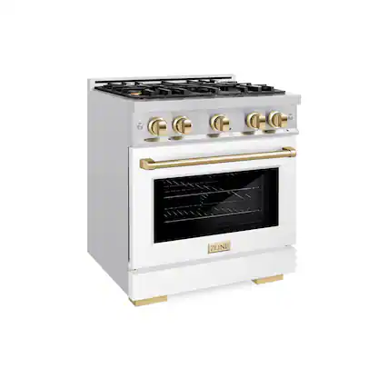 Front. ZLINE - ZLINE Autograph 30 in. 4.2 cu. ft. Freestanding Select Gas Range w/ 4 Burners & White Door w/ Gold Accents - Stainless Steel.
