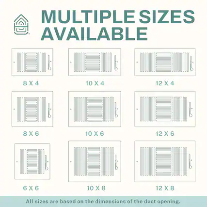 MULTIPLE SIZES AVAILABLE
8 X 4
10 X 4
12 X 4
8 X 6
10 X 6
12 X 6
6 X 6
10 X 8
12 X 8
All sizes are based on the dimensions of the duct opening.