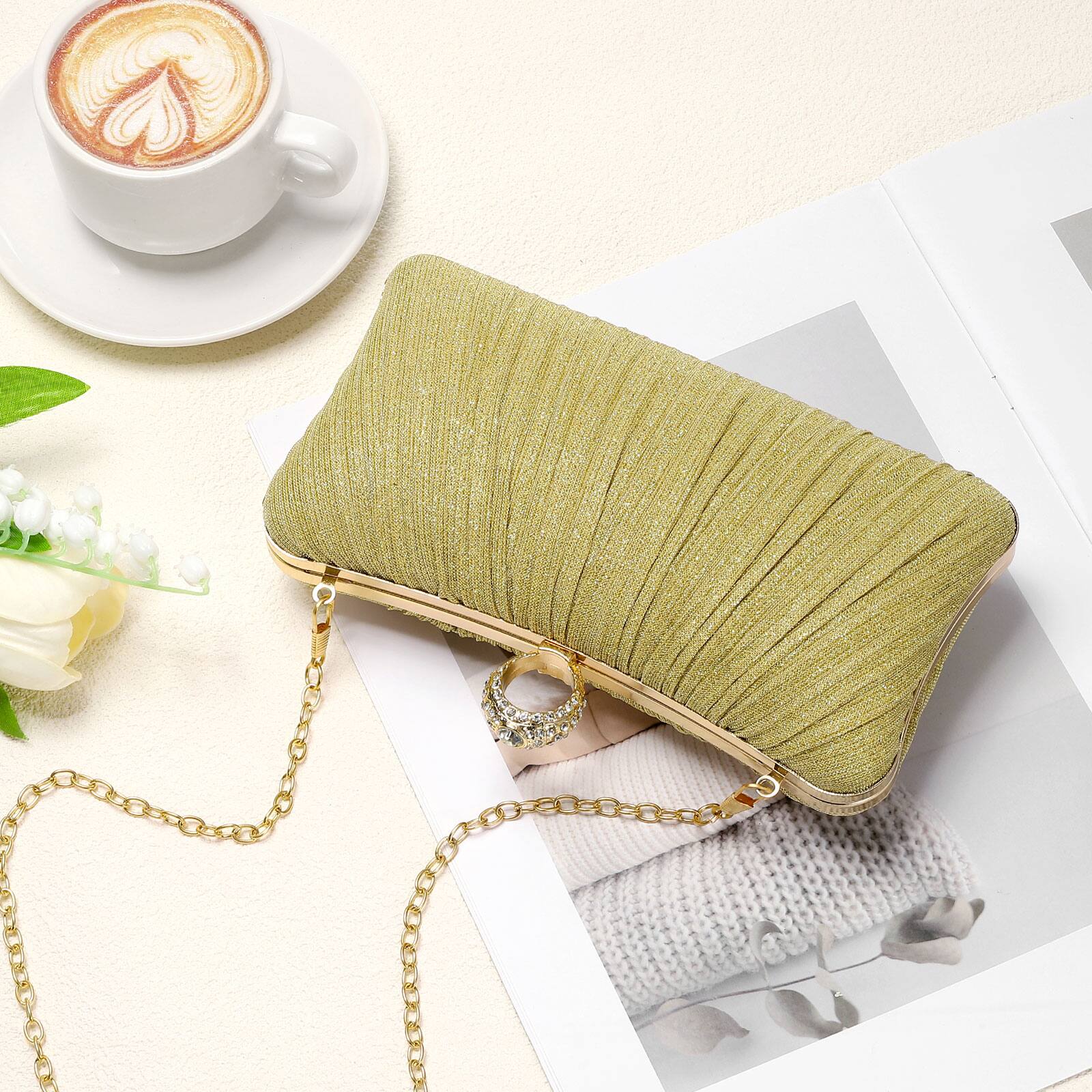Alt View 5. Unique Bargains - Sparkly Evening Clutch Purse for Women, Vintage Ring Rhinestone Buckle Clasp Handbag for Bridal Wedding 1920s Party - Gold.