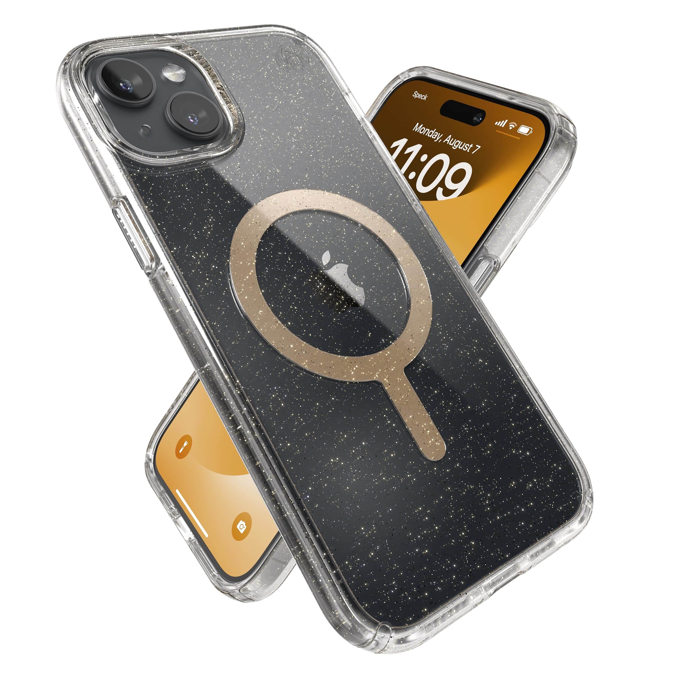 Speck - Presidio Lux With Glitter 13 FT 4 M Tested Built For MagSafe Microban Case For iphone 6.7 (2023) - Clear/Gold Glitter/Beige Sweater