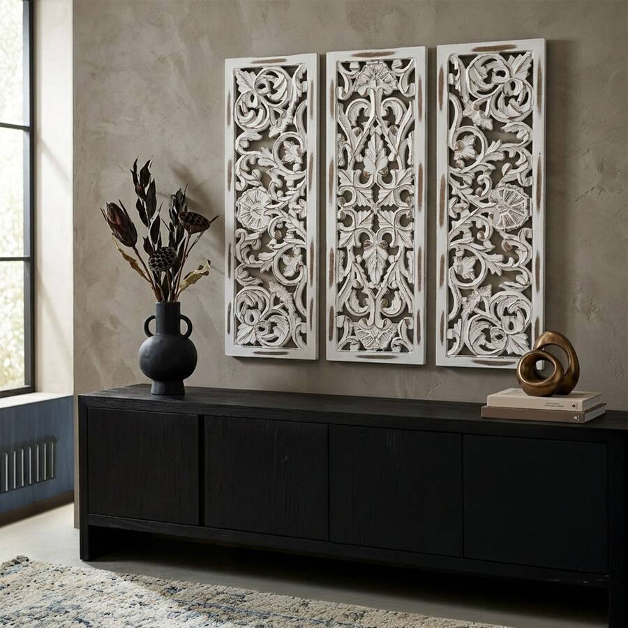Manhattan Lane Leva 3pc Wood Wall Decor Set, Moroccan Floral Carving ...