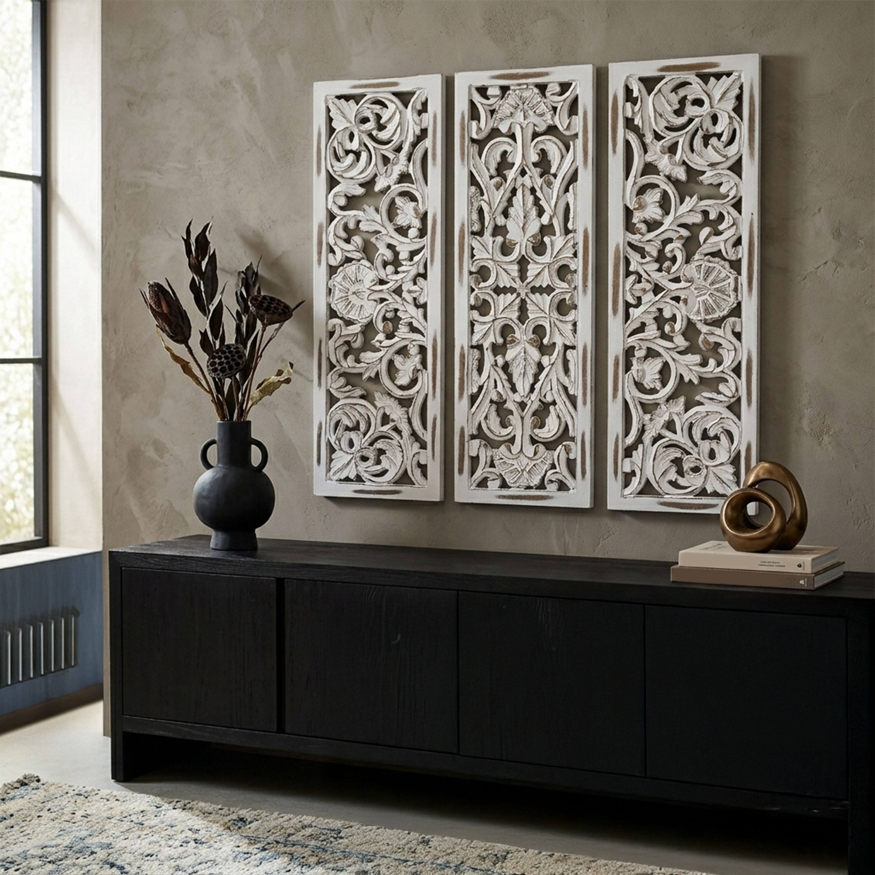 Alt View 8. Manhattan Lane - Leva 3pc Wood Wall Decor Set, Moroccan Floral Carving, Antique White Finish, 36 Inch Square - Antique White.