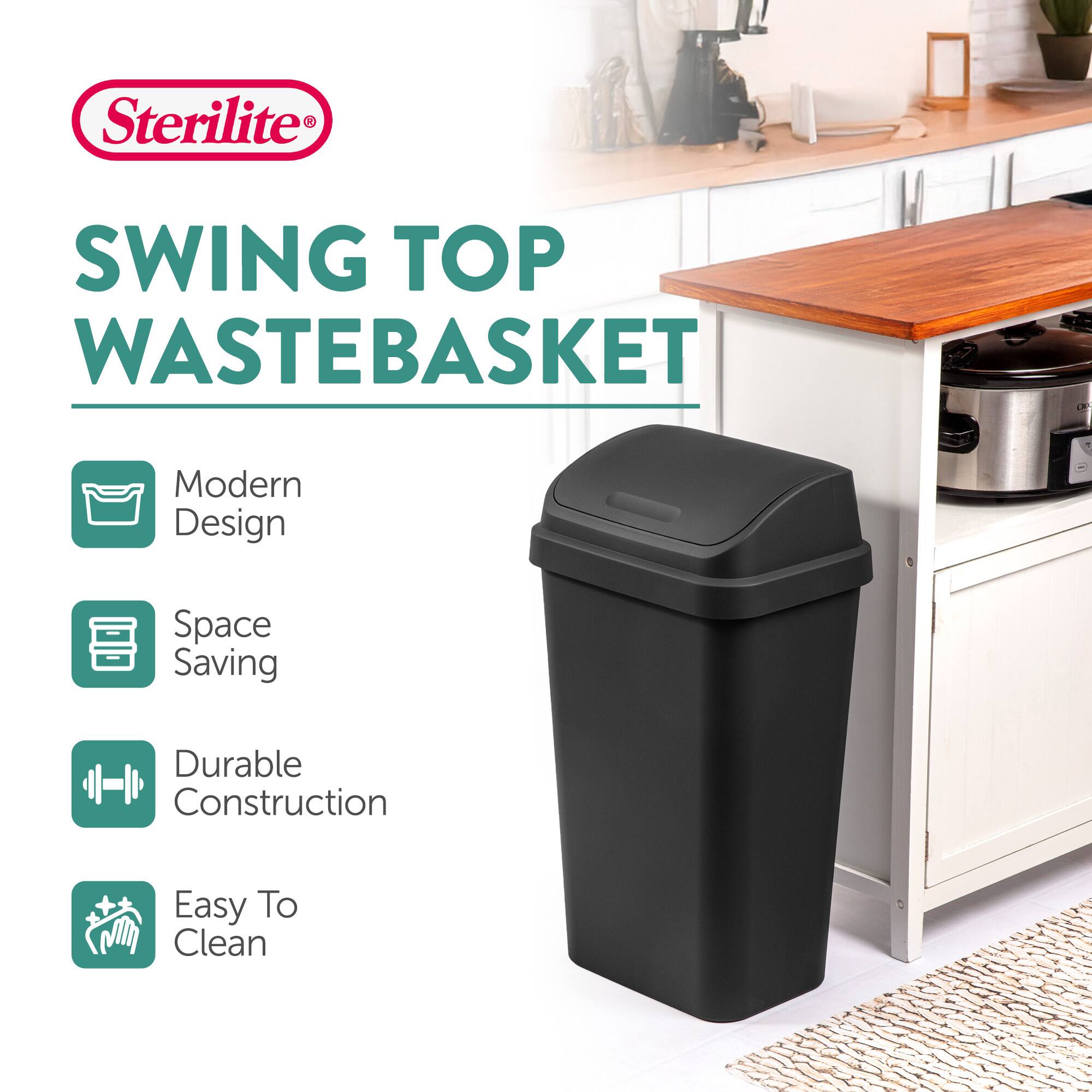 Sterilite®  
SWING TOP WASTEBASKET  

- Modern Design  
- Space Saving  
- Durable Construction  
- Easy To Clean