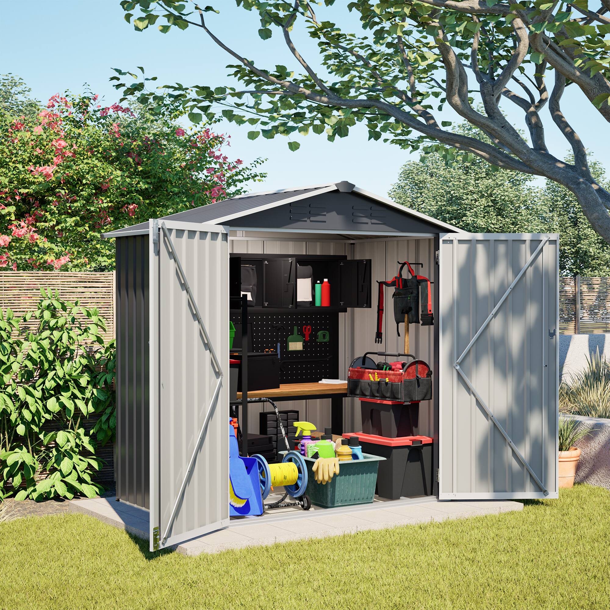 Left. Mondawe - 6 x 4 FT Metal Outdoor Storage Shed with Lockable Door - Gray.