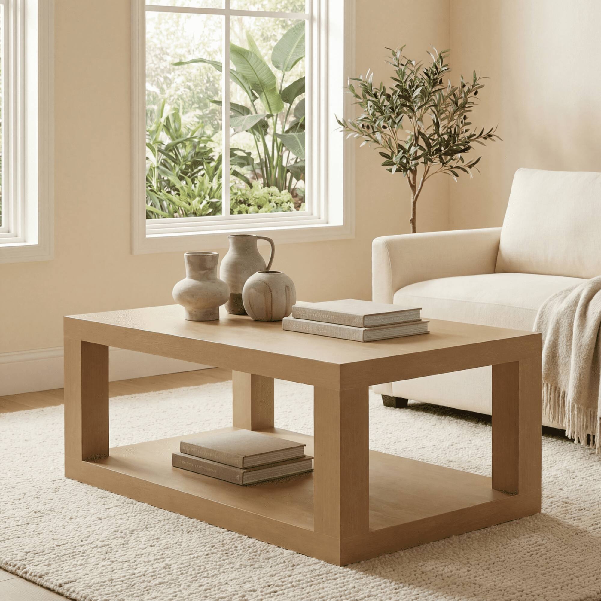 Front. ModernMate - 48" Wooden Coffee Table with 2-Tier Storage Shelf - Natural Oak.