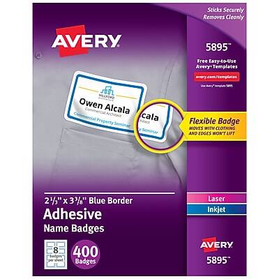 Avery - Flexible Laser/Inkjet Name Badge Labels, 2 1/3" x 3 3/8", 400 Labels Per Pack - White with Blue Border