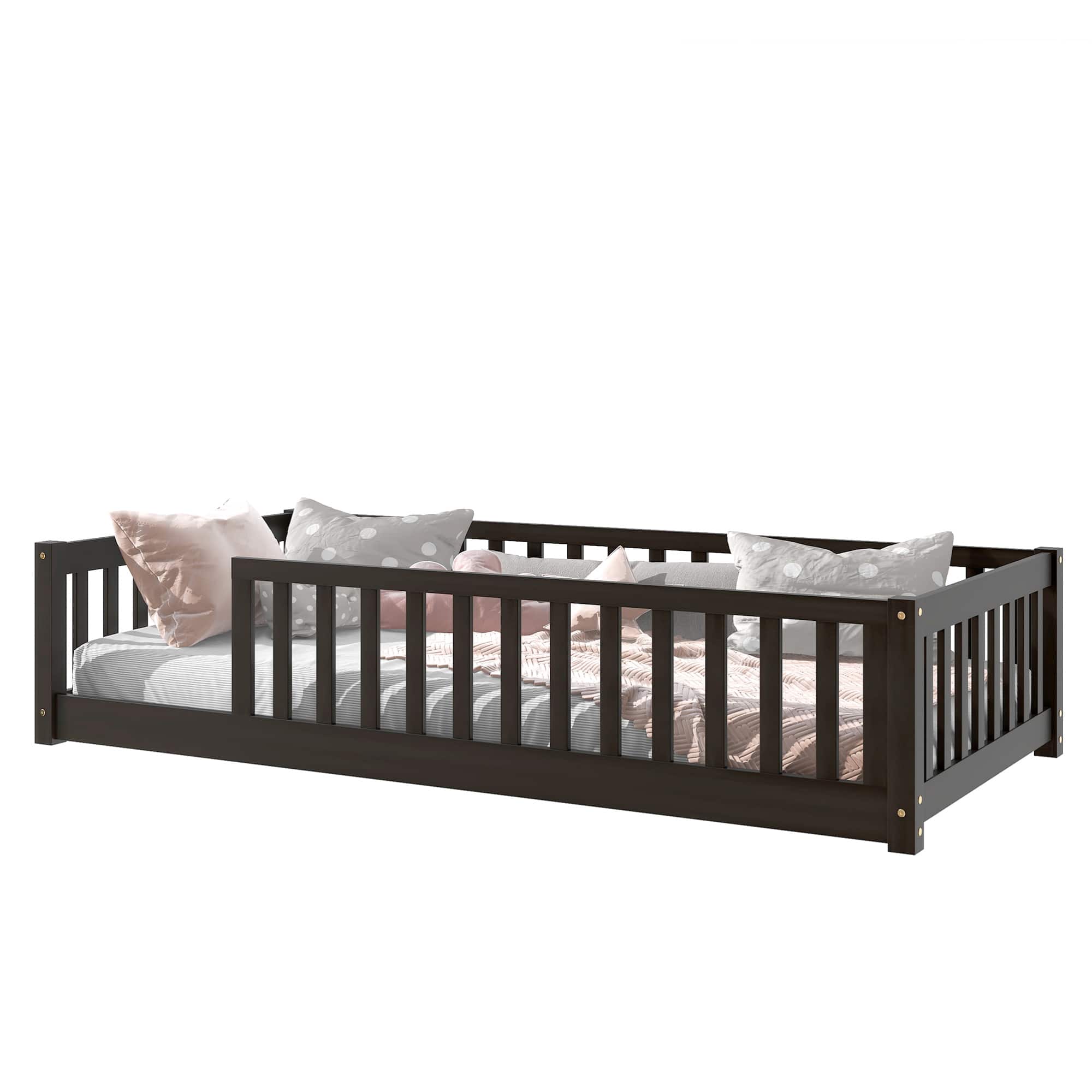 GOODSILO - Twin Size Low-Profile Youth Bed with Secure Enclosure Frame, Solid Wood Construction, Neutral Finish - Espresso