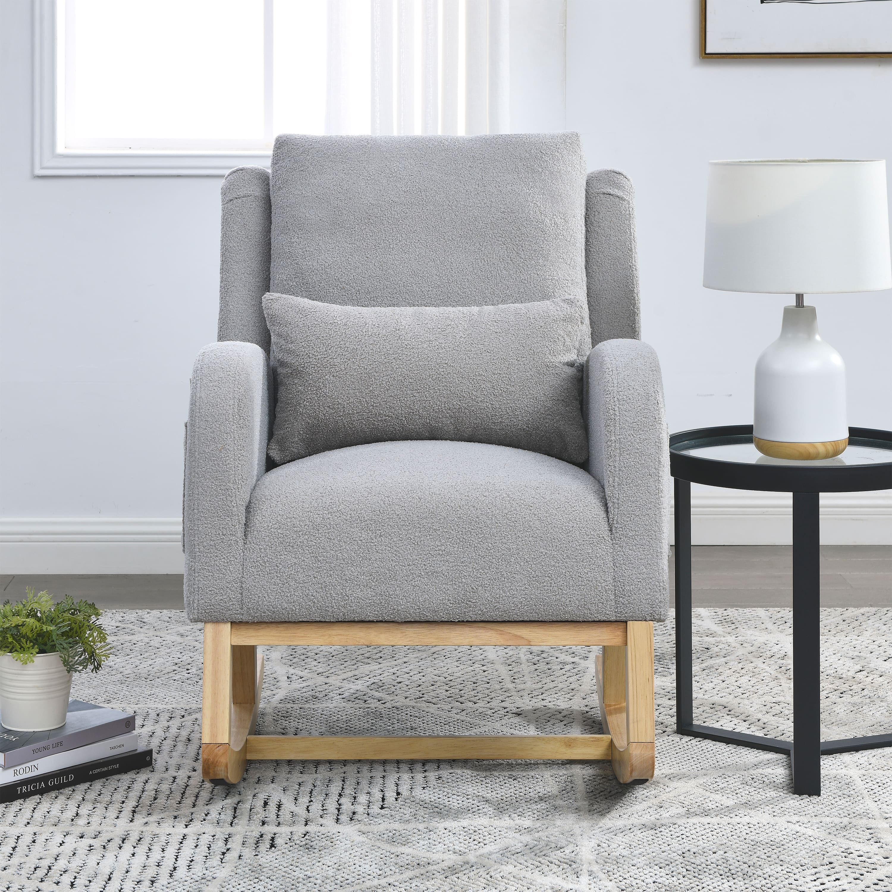 GOODSILO - Modern Accent High Back Living Room Casual Armchair Rocker with Lumbar Pillow & Side Pockets - Grey Teddy