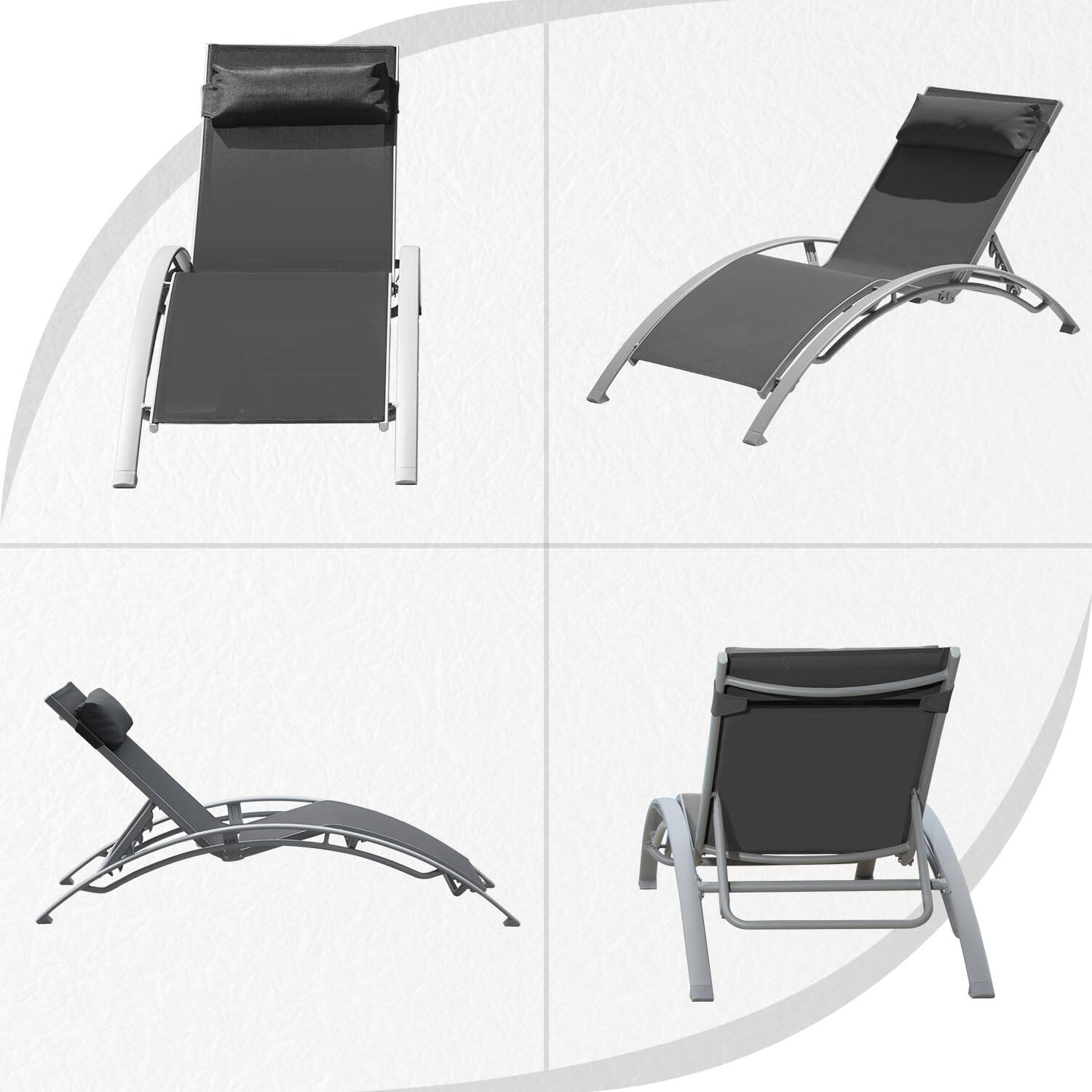 Alt View 7. Ecooso - Set of 2 Outdoor Aluminum Chaise Lounges with 5-Position Adjustable Backrest, Stackable Design, and Detachable Pillow - Dark Gray.