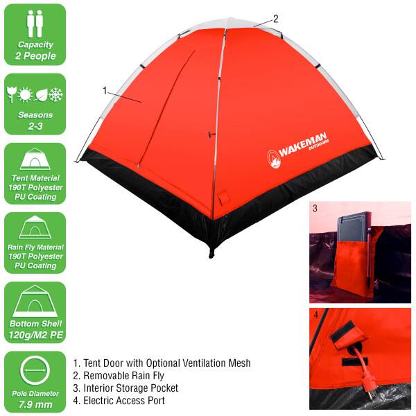 1. Capacity: 2 People
2. Seasons: 2-3
3. Tent Material: 190T Polyester PU Coating
4. Rain Fly Material: 190T Polyester PU Coating
5. Bottom Shell: 120g/M2 PE
6. Pole Diameter: 7.9 mm
7. Tent Door with Optional Ventilation Mesh
8. Removable Rain Fly
9. Interior Storage Pocket
10. Electric Access Port