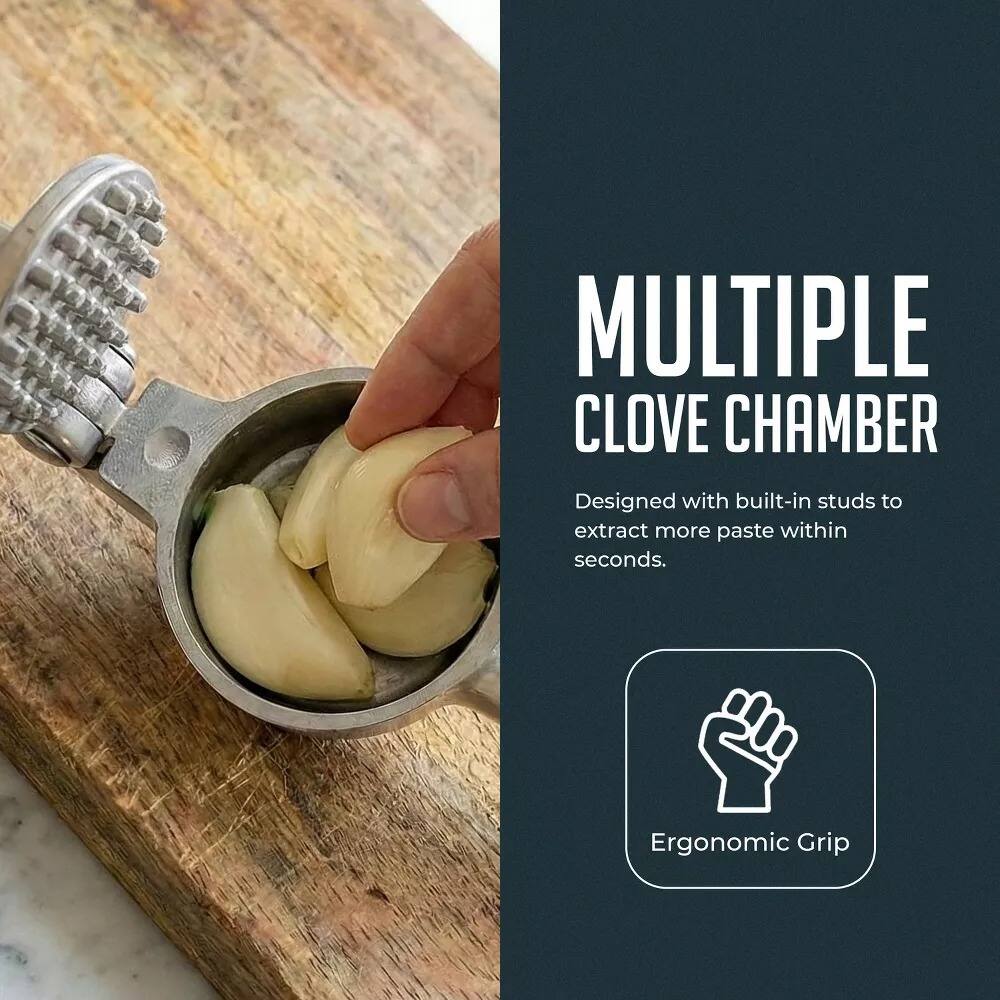 **MULTIPLE CLOVE CHAMBER**

Designed with built-in studs to extract more paste within seconds.

**Ergonomic Grip**