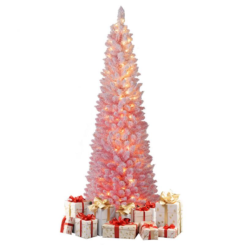 Front. WELLFOR - 6ft Pre‑Lit Artificial Christmas Tree, Snow‑Flocked Pink Pencil Hinged Xmas Tree with 392 Branch Tips & 140 LED Lights - Pink.