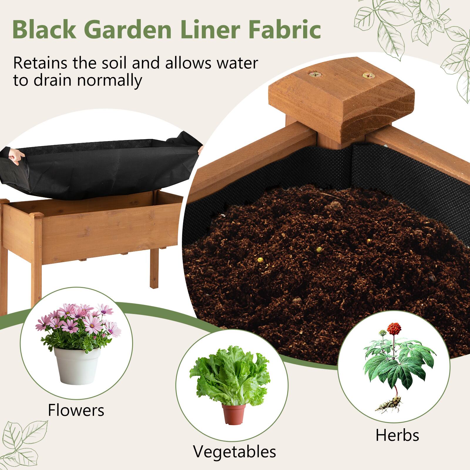 Black Garden Liner Fabric  
Retains the soil and allows water to drain normally  

Flowers  
Vegetables  
Herbs