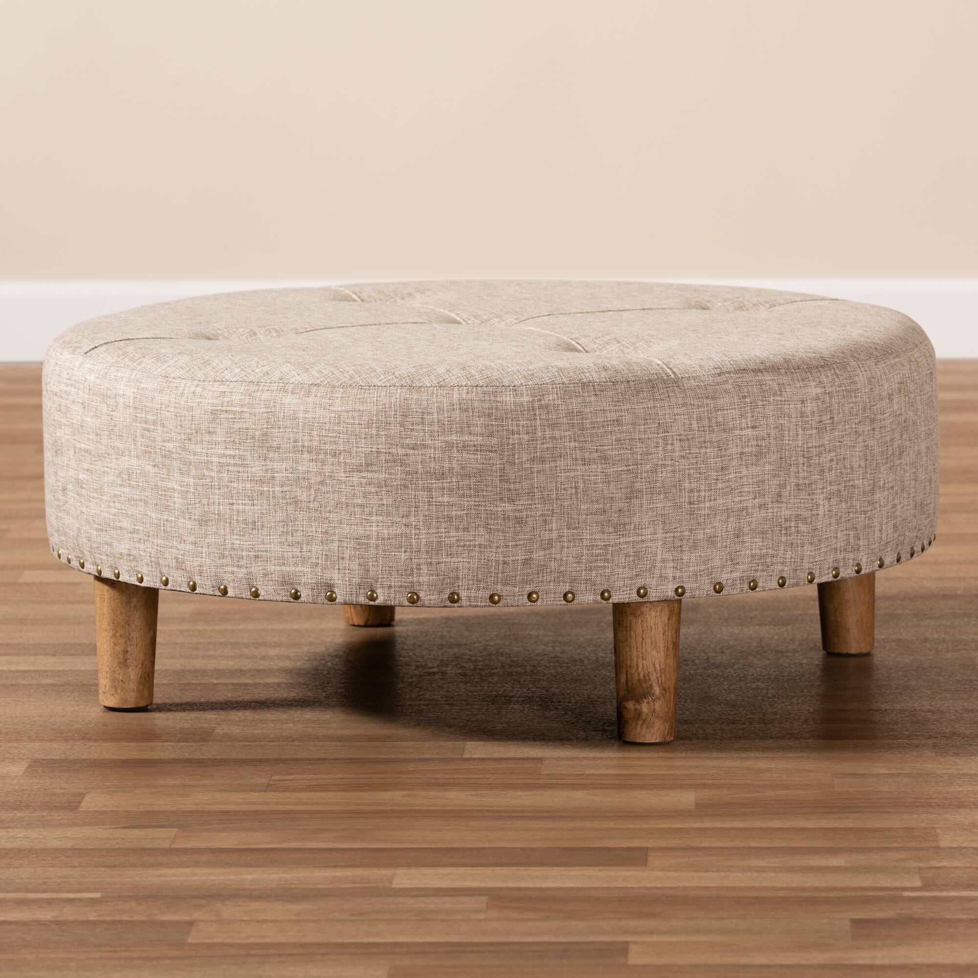Alt View 2. Baxton Studio - Vinet Modern and Contemporary Fabric Upholstered Natural Wood Cocktail Ottoman - Beige.