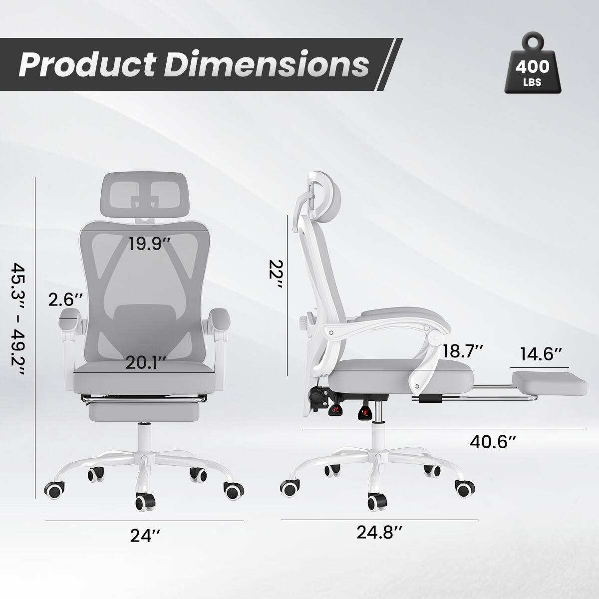 Product Dimensions  
400 LBS  
2.6" x 19.9" x 20.1" x 22" x 18.7" x 14.6" x 40.6" x 24" x 24.8"