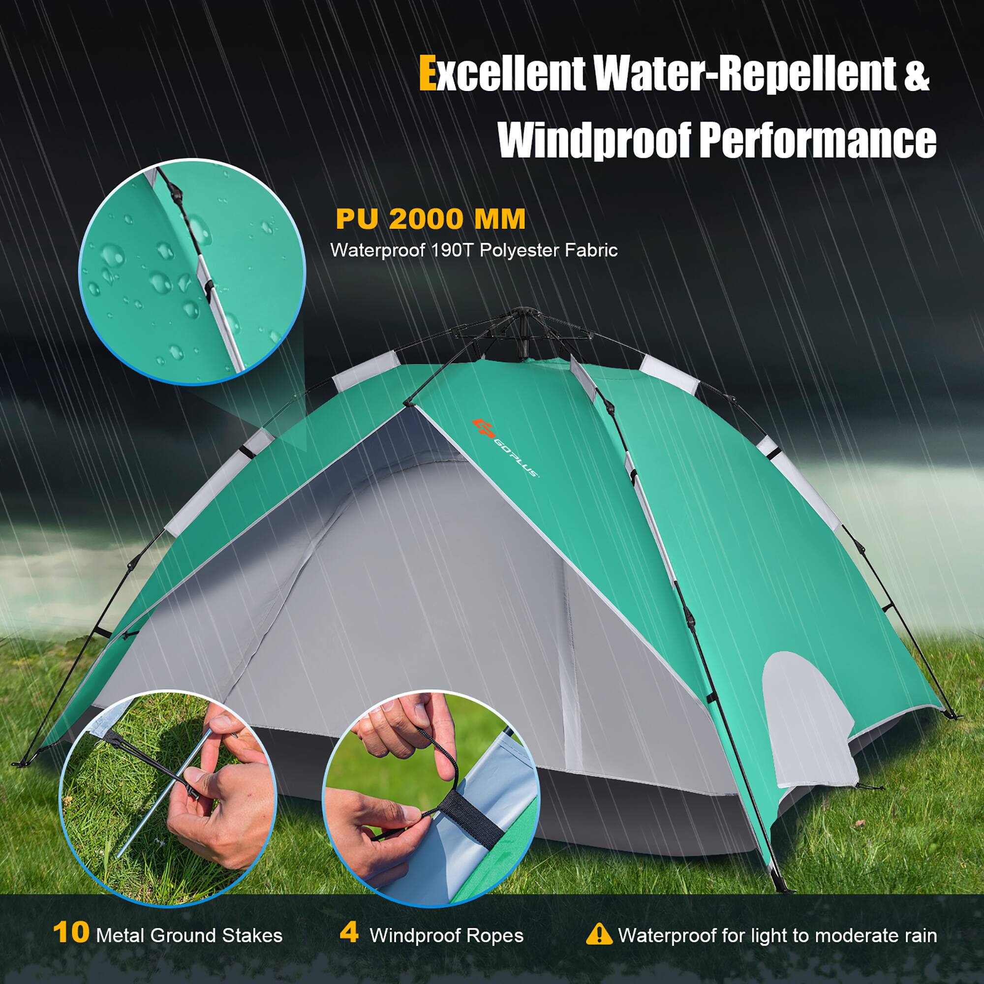 Excellent Water-Repellent & Windproof Performance PU 2000 MM Waterproof 190T Polyester Fabric SOPLUE UIS 10 Metal Ground Stakes 4 Windproof Ropes! Waterproof for light to moderate rain.
