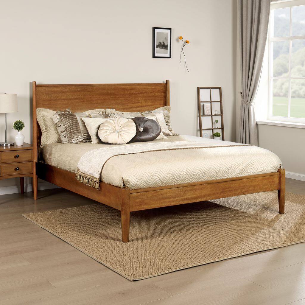 Alt View 6. Manhattan Lane - Mid Century Modern Wood Queen Bed, Round Tapered Legs - Oak Brown.