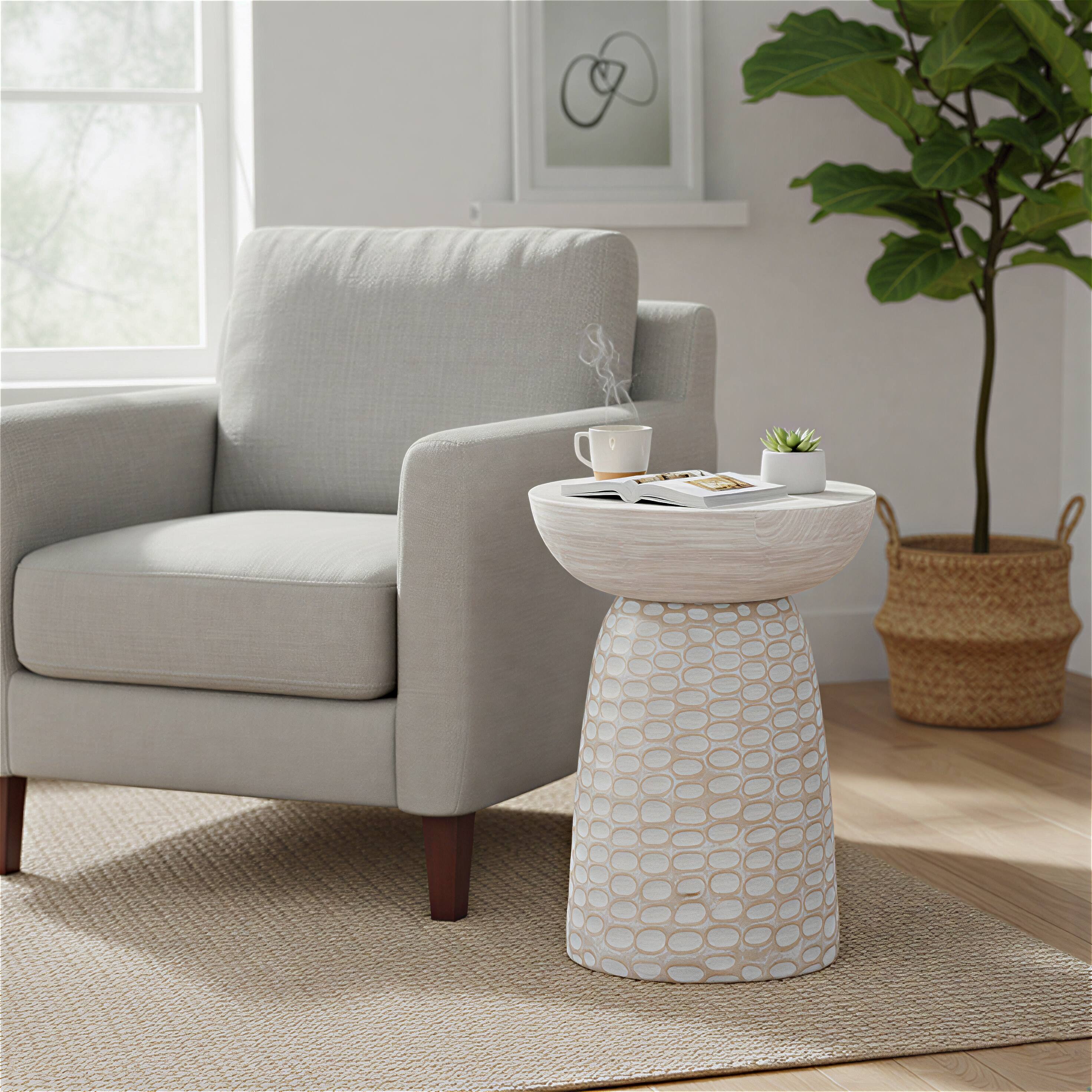 Angle. Simpli Home - Boyd 13 inch Wide Solid Mango Wood Round Accent Table, Distressed White - Distressed White.