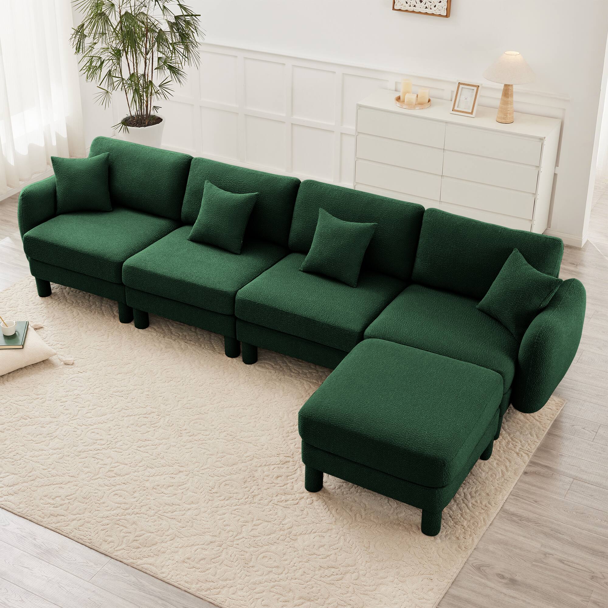 Angle. Aukfa - Boucle Fabric L-Shape Sectional 4-Seater Sofa - Shell-Shaped Armrests & Removable Ottoman, Self-Fabric Legs - Green.