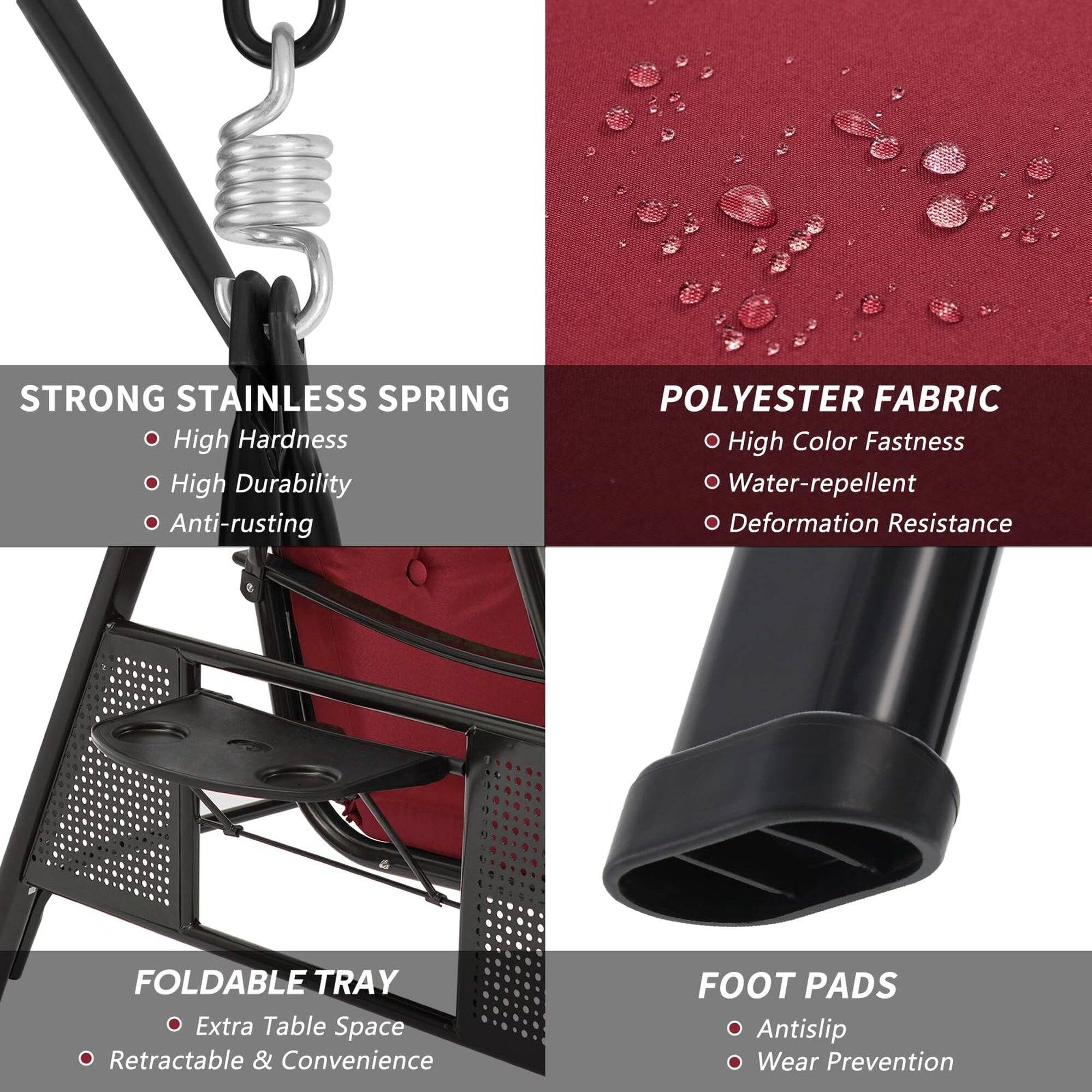 STRONG STAINLESS SPRING  
- High Hardness  
- High Durability  
- Anti-rusting  

POLYESTER FABRIC  
- High Color Fastness  
- Water-repellent  
- Deformation Resistance  

FOLDABLE TRAY  
- Extra Table Space  
- Retractable & Convenience  

FOOT PADS  
- Antislip  
- Wear Prevention