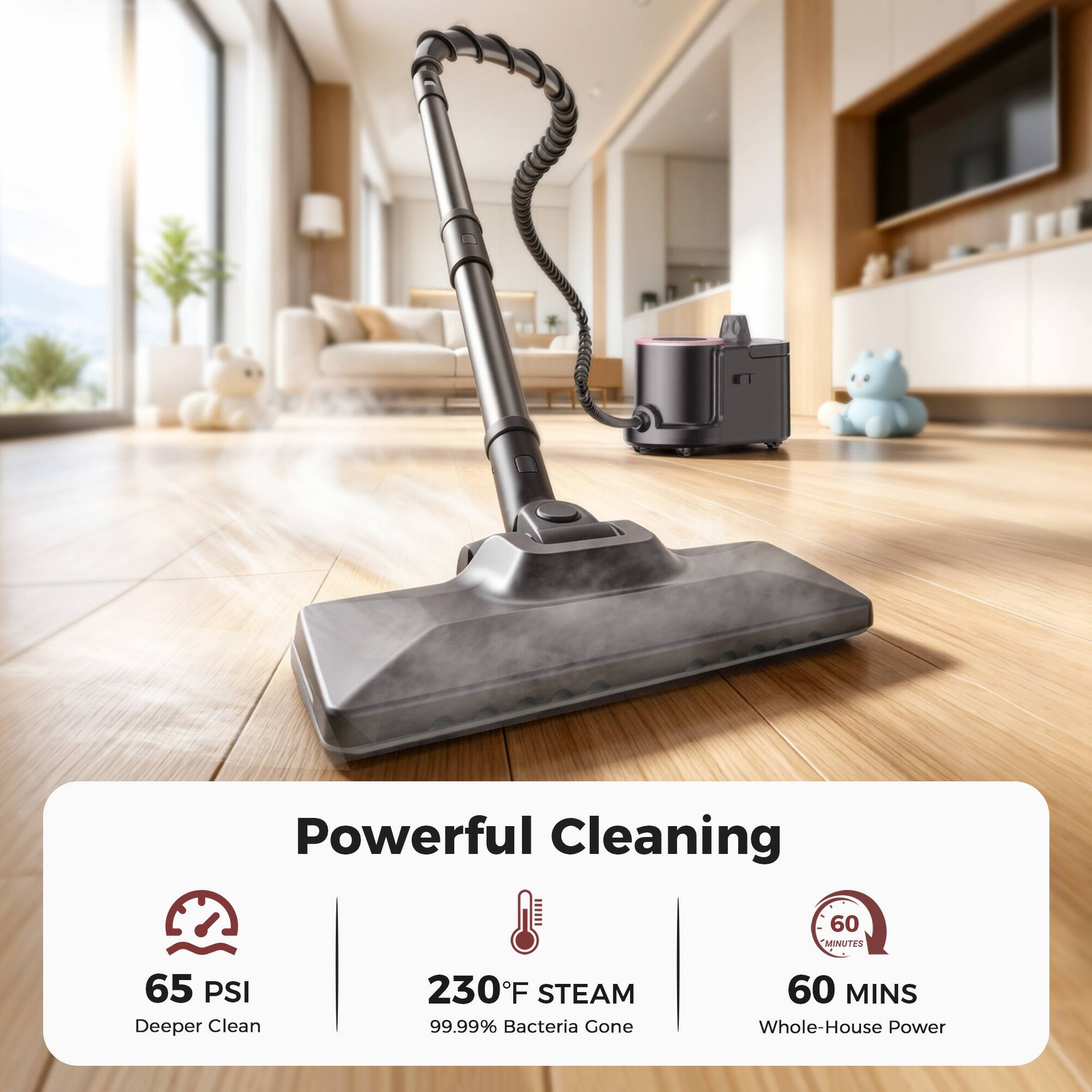 Powerful Cleaning  
60 MINUTES  
65 PSI Deeper Clean  
230°F STEAM  
99.99% Bacteria Gone  
60 MINS Whole-House Power